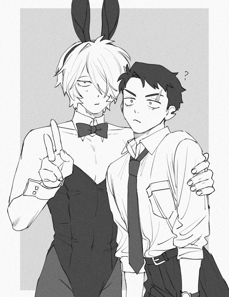2boys adopted_son adoptive_father aged_up alternate_costume bowtie bunny_ears bunnysuit crossdressing gegege_no_kitarou getakichi hair_over_one_eye half-closed_eyes kitarou kitarou_tanjou_gegege_no_nazo male male_only male_playboy_bunny mizuki_(gegege_no_kitarou) scar scar_across_eye time_paradox v_sign