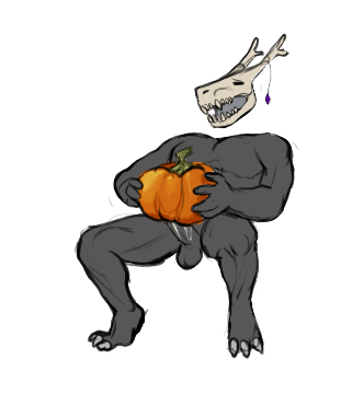 anthro bodily_fluids bone cervid cervine cum cum_inside demon dzel food fruit fucking_pumpkin genital_fluids glass0milk looking_pleasured low_res male mammal moan muntjac muscular muscular_anthro muscular_male penetration plant pumpkin sitting skull skullhead solo thrusting