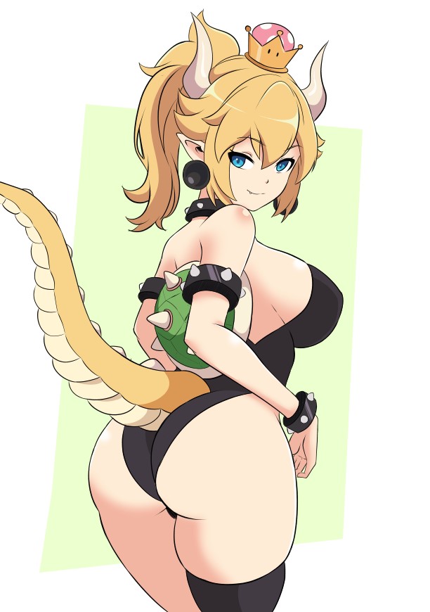1girls, animal tail, ass, back view, big ass, big breasts, big butt, big thighs, big titties, bowsette, breasts, clothing, curvaceous, curvaceous female, curvaceous figure, curvy, curvy figure, curvy hips, fat ass, female, female only, horns, light skin, light-skinned female, long hair, looking at viewer, mario (series), momocka art, nintendo, super mario bros., tail, thigh highs, yellow hair