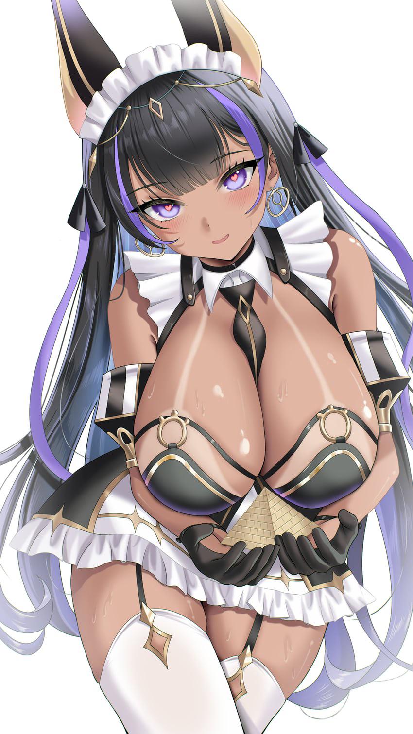 animal ears, azur lane, bare shoulders, between breasts, bikini, black bikini, black gloves, black hair, black necktie, black skirt, blush, breasts, cg, cleavage, cleopatra (azur lane), closed mouth, colored inner hair, cowboy shot, dark skin, dark-skinned female, detached collar, earrings, egyptian, fake animal ears, female, frills, garter straps, gloves, heart, heart-shaped pupils, holding, jewelry, large breasts, leaning forward, long hair, looking at viewer, maid, maid headdress, mole on breast, multicolored hair, necktie, o-ring, open mouth, purple eyes, purple hair, simple background, skindentation, skirt, smile, solo, streaked hair, sweat, swimsuit, symbol-shaped pupils, tan, tanlines, thighhighs, thighs, two-tone hair, very long hair, white background, white legwear, white skirt, white thighhighs