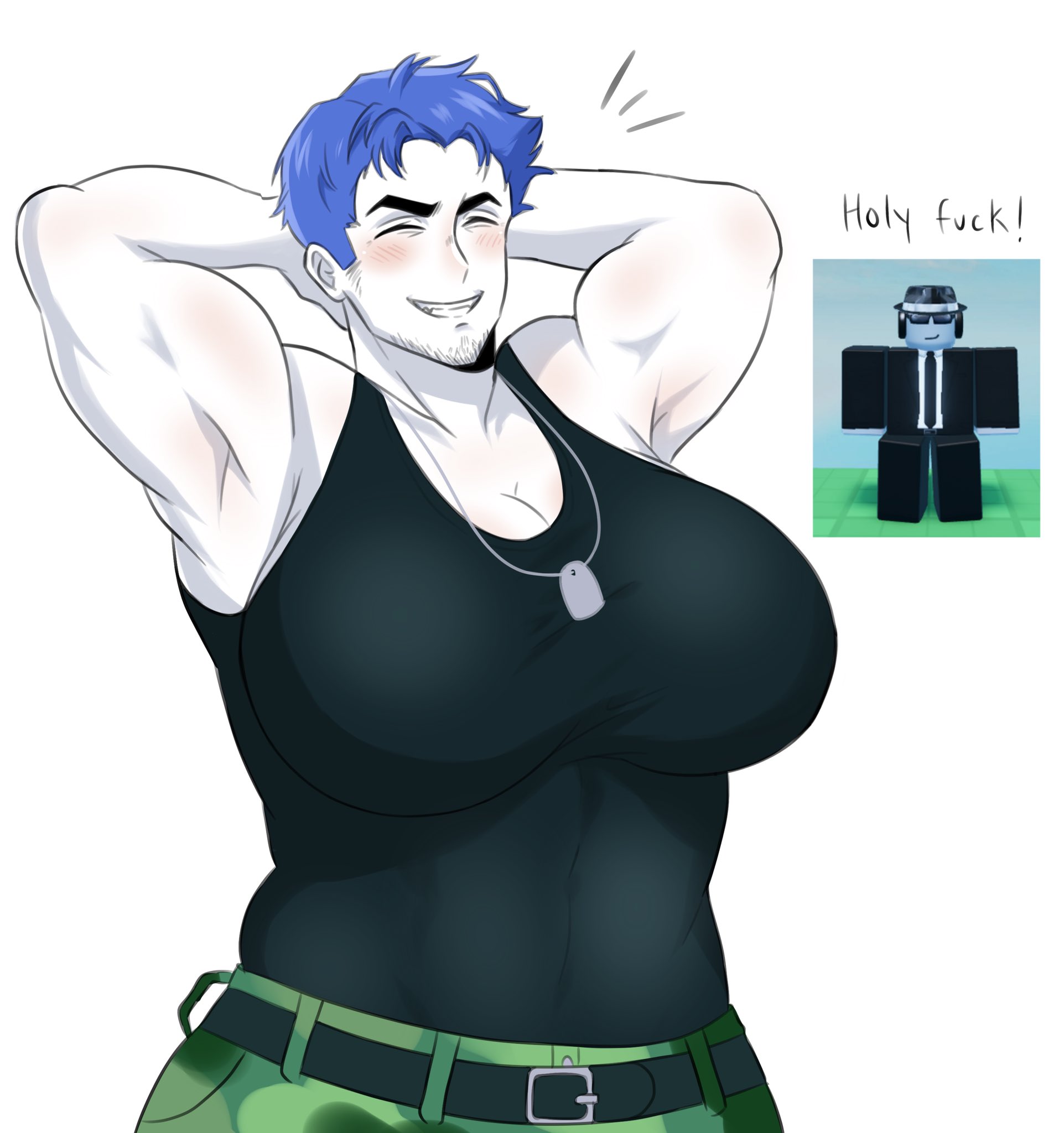 1boy, arms behind head, belt, big breasts, blue hair, blush, blush lines, blushing, breasts, breasts bigger than head, busty, busty male, camo, camo clothing, camo print, camouflage pants, chance (forsaken), cleavage, closed eyes, clothed, clothing, dogtags, forsaken (roblox), fully clothed, gatocafe12, guest 1337 (forsaken), guest 1337 (the last guest), large breasts, male, male only, male with breasts, muscles, muscular, muscular male, off-duty guest 1337, official alternate costume, roblox, roblox game, robloxian, short hair, smile, solo focus, solo male, stubble, tank top, tanktop, teeth, the last guest, white background, white skin
