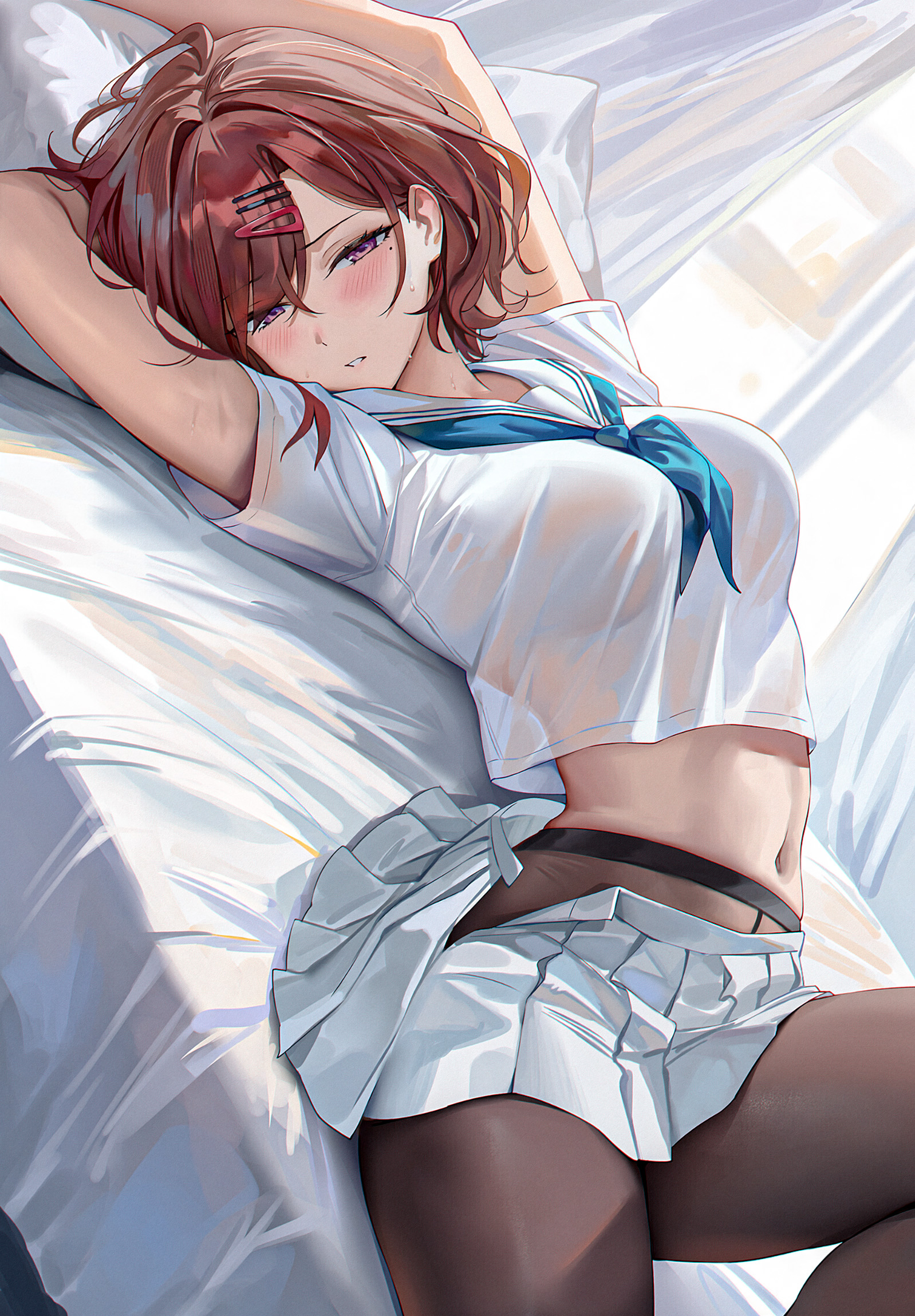 1girls, ai generated, amiki yuzuru, black pantyhose, blush, breasts, female, highres, higuchi madoka, idolmaster, idolmaster shiny colors, looking at viewer, lying, navel, on back, pantyhose, parted lips, pink eyes, pleated skirt, red hair, school uniform, see-through clothes, skirt