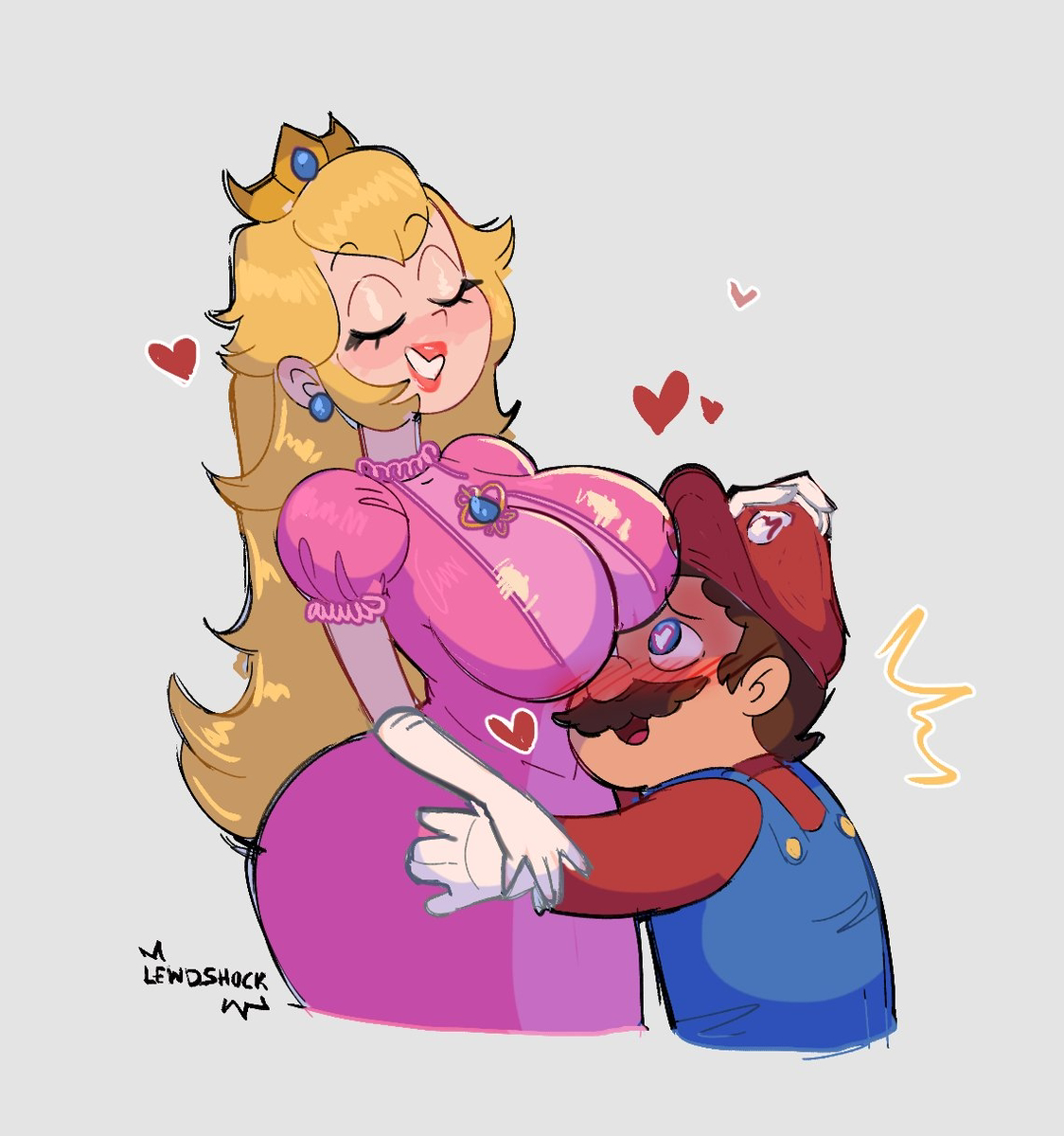 1boy, 2023, big breasts, blush, breasts, female, fully clothed, hands on hips, heart, heart-shaped pupils, hugging, lewdshock, male, mario, mario (series), nintendo, no sex, princess peach, straight, thick thighs, wholesome