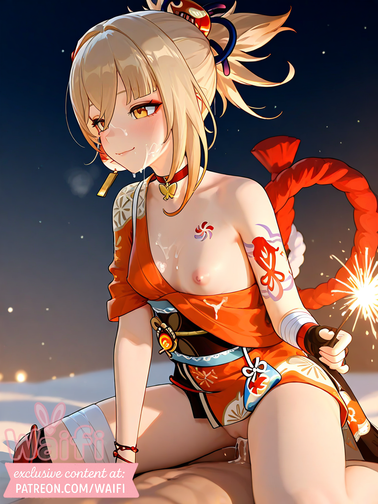 1girls ai_generated artist_name ass blush breasts curvy digital_media_(artwork) female female genshin_impact indoors naked nude sex straight thighs uncensored vagina vaginal_penetration waifi watermark yoimiya_(genshin_impact) yuri