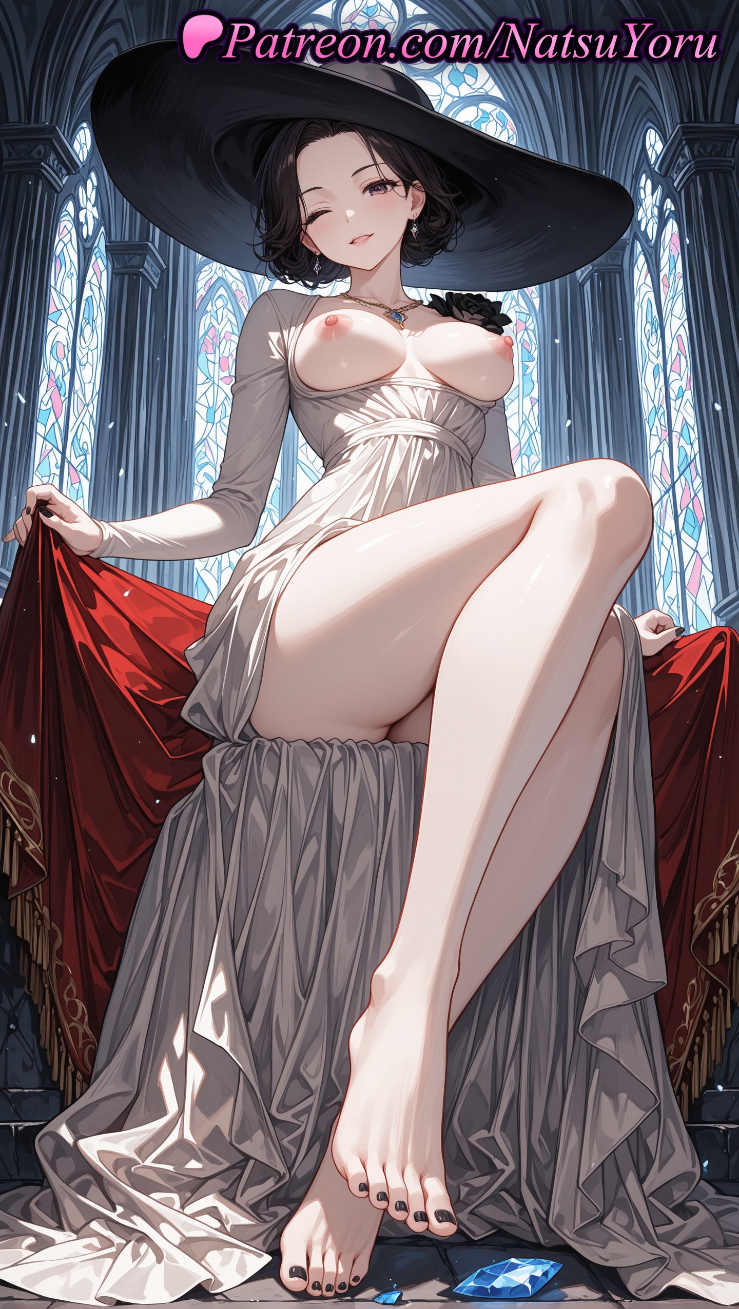 1girls, 2025, ai generated, alcina dimitrescu, bare legs, barefoot, black hair, black headwear, black nails, breasts, breasts out, capcom, dress, earrings, feet, female, hat, hi res, highres, indoors, jewelry, large breasts, legs, long sleeves, looking at viewer, nail polish, natsuyoru, necklace, nipples, no panties, one eye closed, patreon, pussy, resident evil, resident evil 8: village, short hair, sitting, smile, solo, stained glass, sun hat, thighs, toenail polish, toenails, toes, voluptuous, voluptuous female, white dress