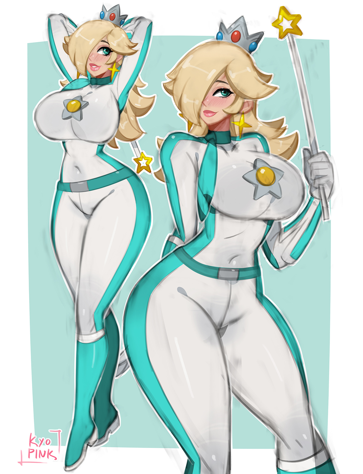 1girls, arms up, belt buckle, big breasts, blonde hair, blue eyes, bodysuit, boots, breasts, crown, curvy, female, hips, kyopink, long hair, mario (series), mario kart, multiple angles, nintendo, one eye obstructed, princess rosalina, princess rosalina (aero), scarf, skin tight, solo, thick thighs, thighs, tight clothing, two angles, wand