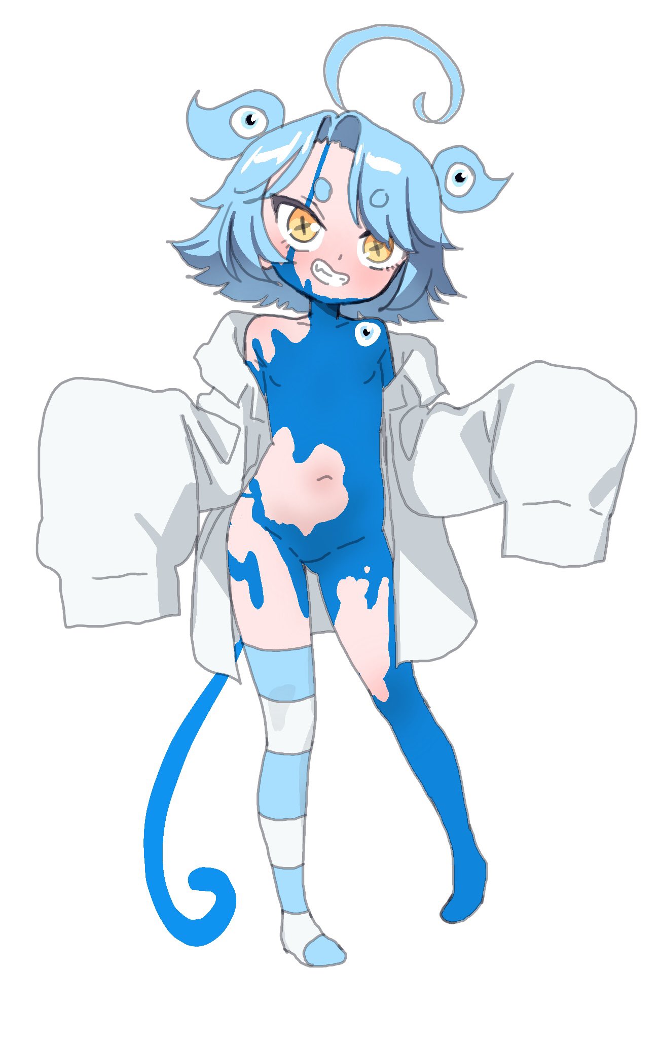ahoge bare_shoulders female highres indie_virtual_youtuber long_sleeves luckycharm(mittydotx) mittydotx(vtuber) navel nazar_(amulet) nude oversized_clothes oversized_shirt sahelanthropus_(latinxedgelord) shirt short_hair simple_background single_sock slime_(creature) socks symbol-shaped_pupils thighhighs white_background white_shirt x-shaped_pupils yellow_eyes