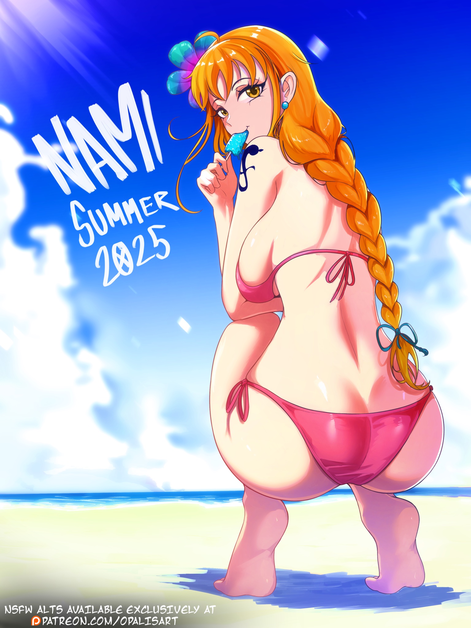 1girls, 2025, arm tattoo, back view, barefoot, beach, big breasts, bikini, blue tattoo, breasts, busty, clothing, female, female only, light skin, light-skinned female, nami (one piece), one piece, opalisart, orange hair, orange-haired female, outdoors, pink bikini, popsicle, sideboob, swimsuit, tattoo