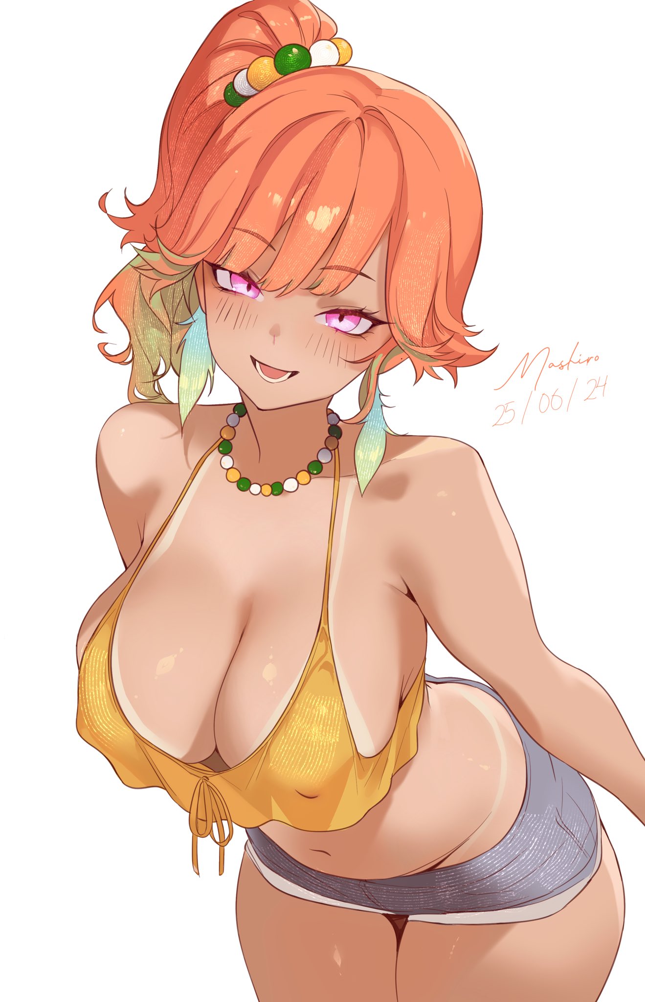 1girls, ai assisted, ai generated, alternate skin color, blush, brazilian, breasts, cleavage, crop top, dark skin, female, hololive, hololive english, hololive myth, large breasts, latina, mashiro, orange hair, ponytail, purple eyes, shorts, solo, takanashi kiara, tan lines, tan skin, thighs, virtual youtuber
