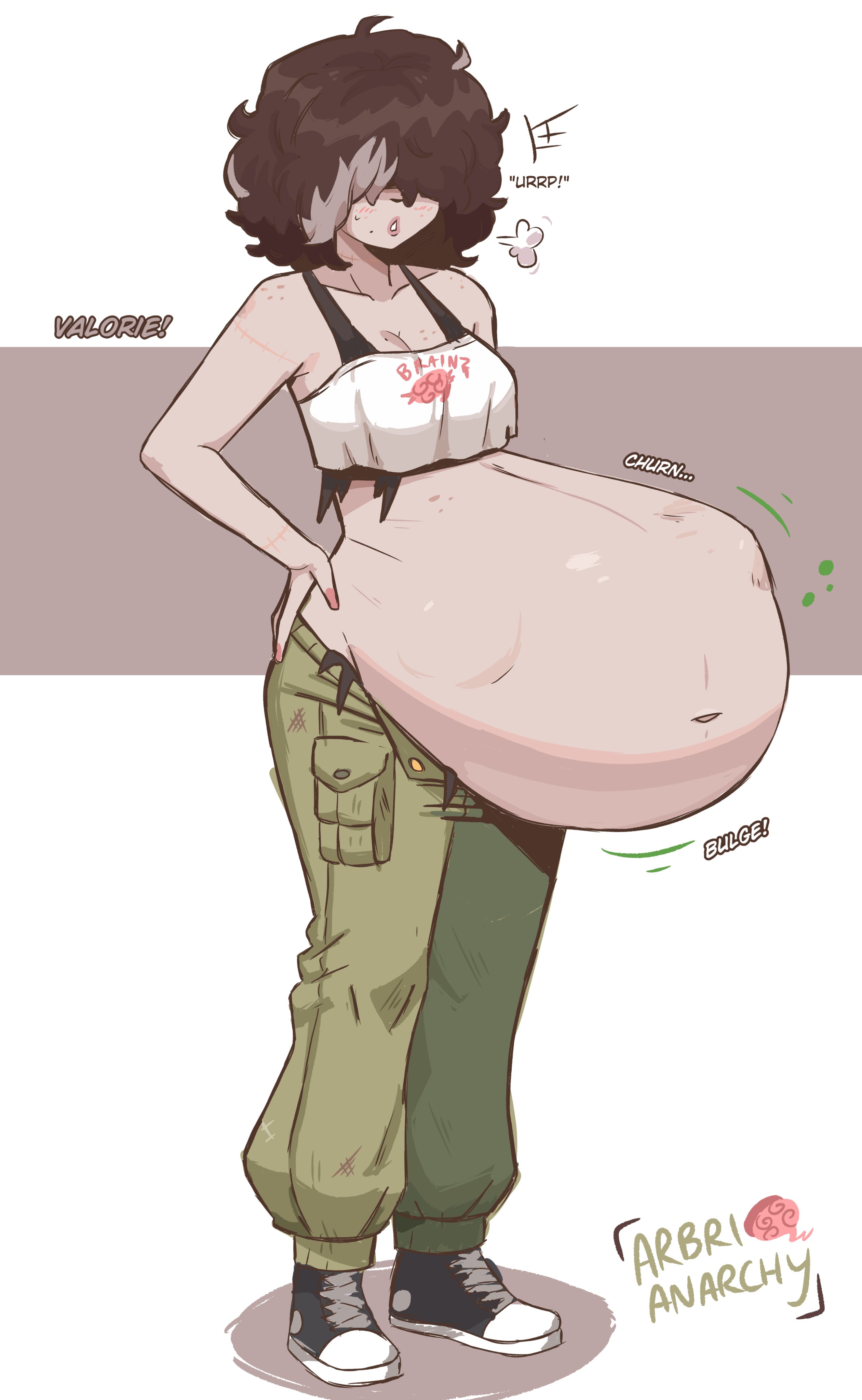 alternative version, arbrianarchy, big belly, burp, english text, oc, original character, prey outline, prey shaped bulge, same size vore, vore, vore belly
