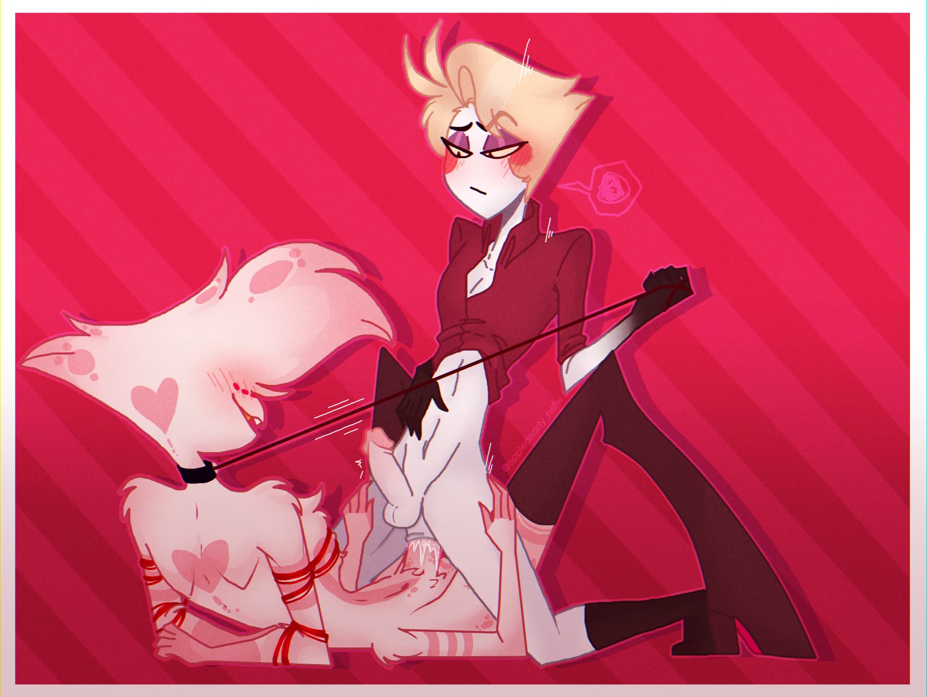 2boys, anal, anal sex, angel dust (hazbin hotel), artist request, balls, blonde hair, blush, bondage, collar, cowgirl position, female, hands behind back, hands on thighs, hazbin hotel, laying down, leash, leash pull, lucifer morningstar (hazbin hotel), male, male only, nude, nude male, partially clothed, penis, tied, tied up, vivienne medrano, white body, white hair, white skin, yaoi