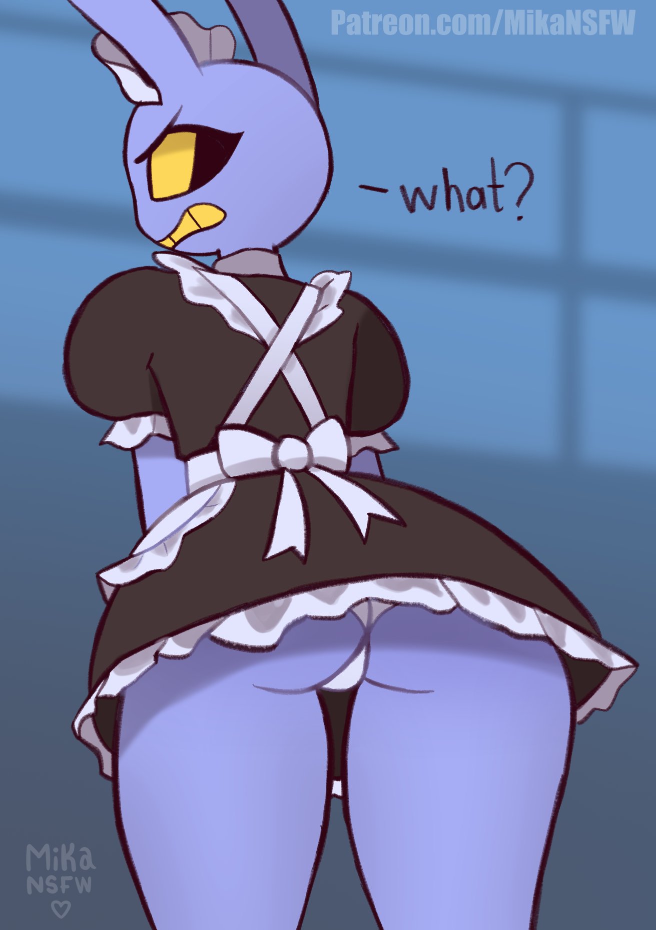 anthro, femboy, glitch productions, jax (the amazing digital circus), maid, maid headdress, maid jax (the amazing digital circus), maid uniform, male, mikansfw, panties, purple body, rabbit, solo, text, the amazing digital circus, upskirt