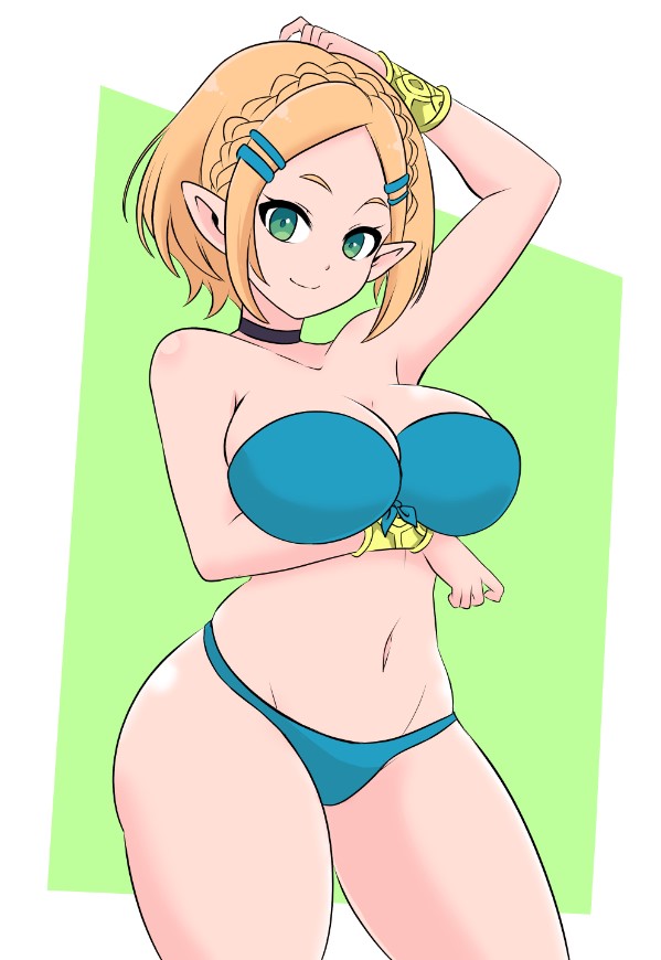 ass, big ass, big breasts, big butt, big thighs, big titties, breasts, curvaceous, curvaceous female, curvaceous figure, curvy, curvy figure, curvy hips, elf ears, elf female, elf girl, female, female focus, female only, green eyes, long hair, looking at viewer, momocka art, nintendo, princess zelda, tears of the kingdom, the legend of zelda, yellow hair, zelda (tears of the kingdom)