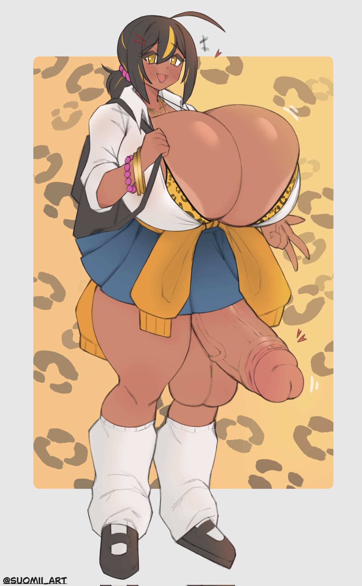 1futa, areolae, areolae slip, artist self-insert, ass, balls, big ass, big balls, big breasts, big bulge, big butt, big penis, bottomless, breasts, brown hair, bulge, bursting breasts, clothed, clothing, college, dark skin, dark-skinned futa, flaccid, futa only, futanari, gigantic breasts, human, ineffective clothing, ineffective skirt, intersex, mostly nude, nipples, nude, orange hair, original character, penis, self insert, short hair, solo, standing, suomii, suomii (character), top heavy