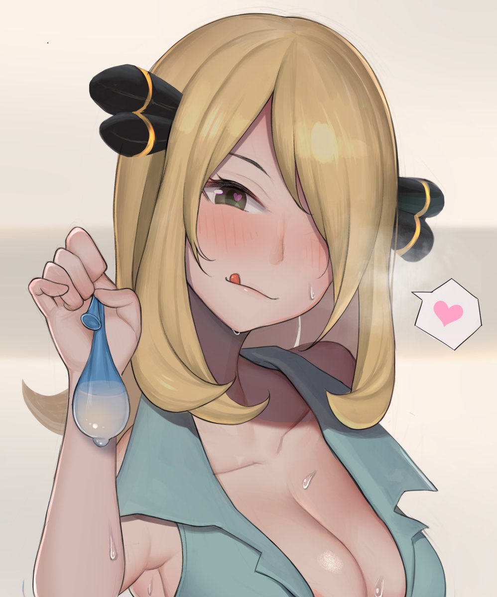 armpits, atlikehome2, blush, breasts, condom filled, condoms, cynthia (pokemon), female, fully clothed, gatchan, huge breasts, milf, nintendo, pokemon, pokemon dppt, pokemon trainer