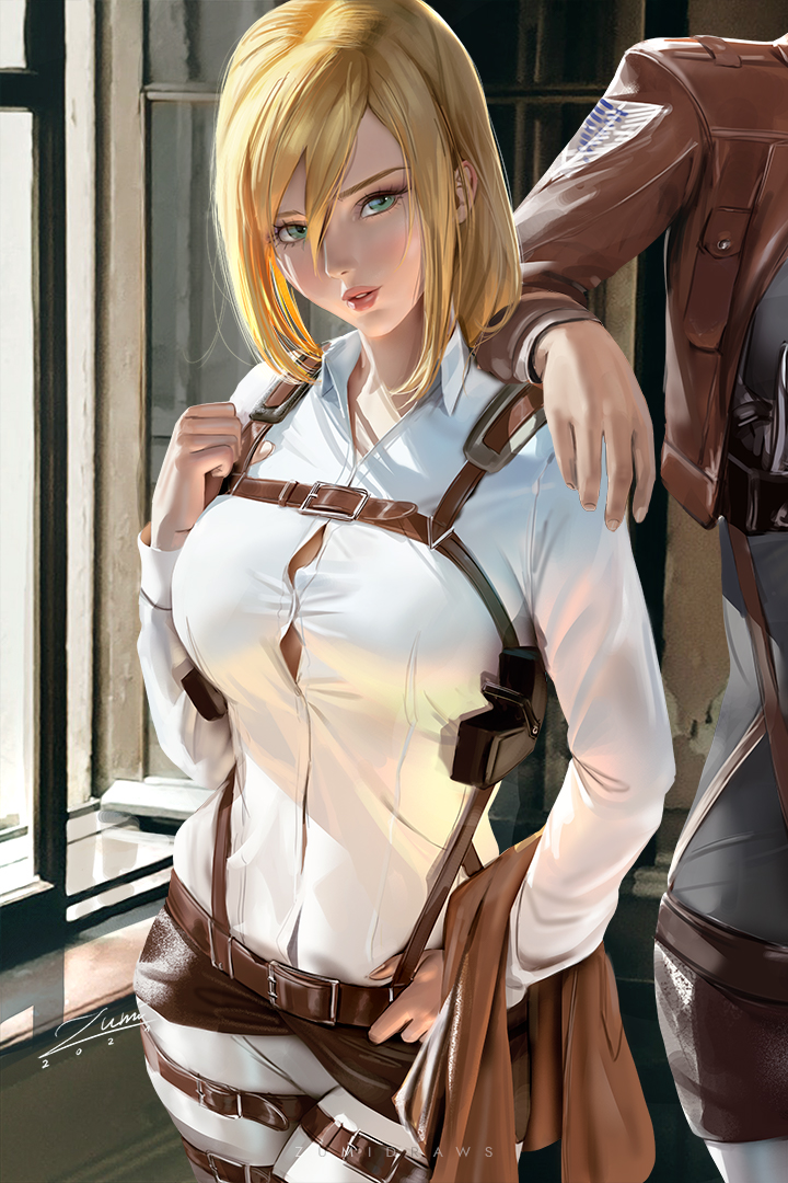 1girls, attack on titan, big breasts, blonde hair, breasts, christa lenz, clothed, cowboy shot, female, green eyes, historia reiss, lips, looking at viewer, shingeki no kyojin, short hair, uniform, zumi