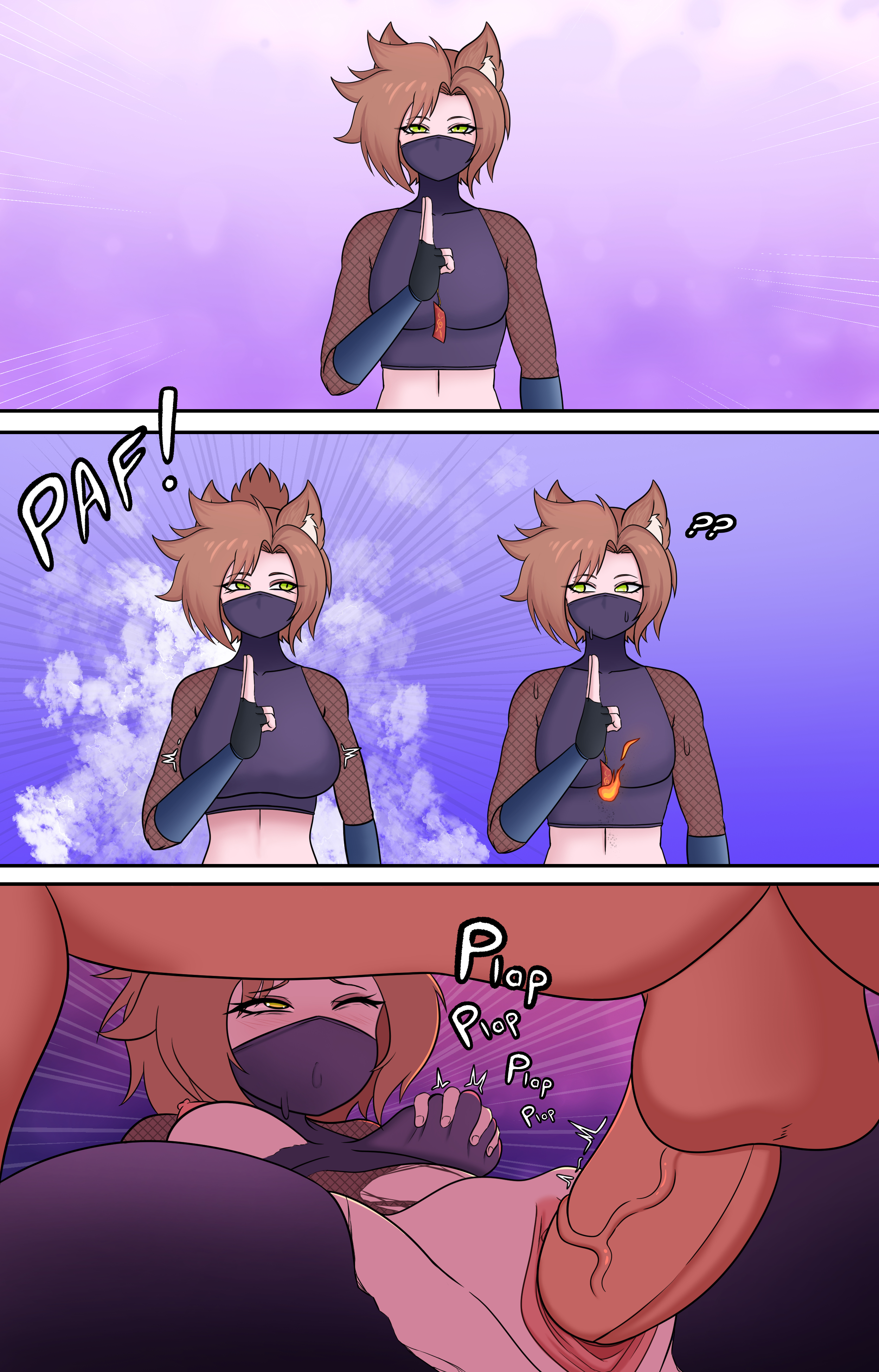 1boy, 1girls, 3koma, animal ear fluff, animal ears, breast grab, breasts, cat boy, cat ears, cat girl, cat tail, catboy, clone, comic, comic page, female, femboy, fishnets, genderswap, genderswap (mtf), green eyes, indie virtual youtuber, kemonomimi, male, mask, mating press, monsieurchachan, ninja, onomatopoeia, penis, penis in pussy, pussy, rule 63, selfcest, smoke, soto catte, sweat, tail, torn clothes, vagina, vaginal penetration, vaginal sex, virtual youtuber, vtuber