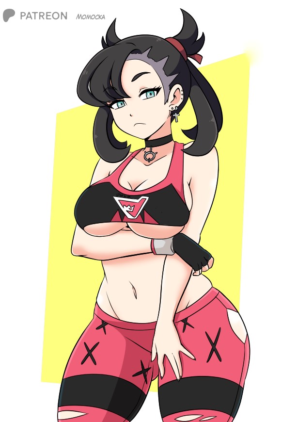 big_ass big_breasts big_breasts big_butt big_thighs big_titties black_hair clothing curvaceous curvaceous_female curvaceous_figure curvy curvy_figure curvy_hips female female_focus female_only marnie_(pokemon) momocka_art nintendo pokemon short_hair