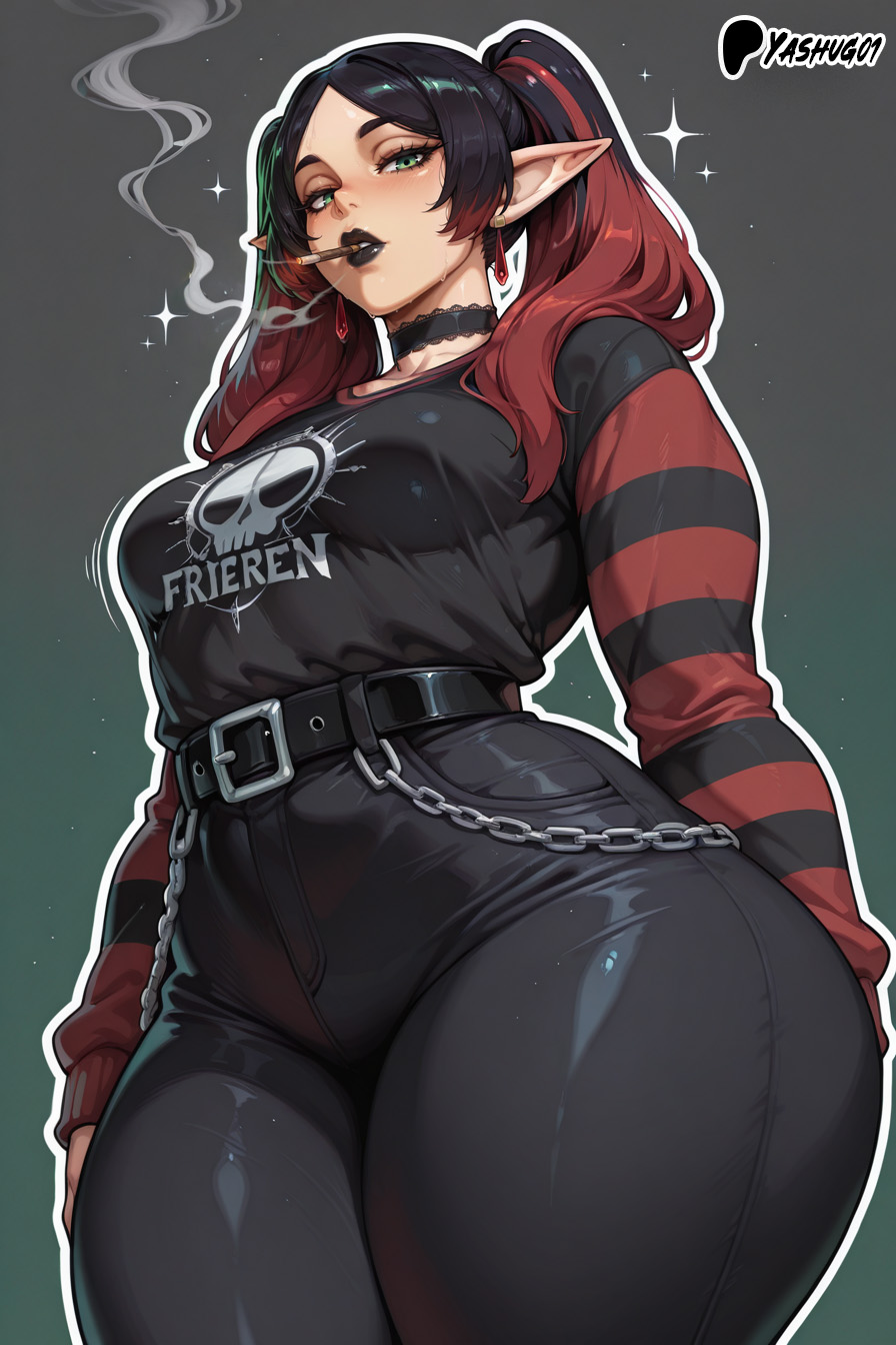 1girls, ai generated, bare thighs, black hair, breasts, cigarette, elf, elf ears, elf female, female, female only, frieren, goth frieren, goth girl, green eyes, huge thighs, jean shorts, light skin, light-skinned female, looking down, low-angle view, mature female, medium breasts, multicolored hair, solo, sousou no frieren, thick body, thick female, thick thighs, thighs, thighs bigger than head, twintails, voluptuous, voluptuous female, yashugai