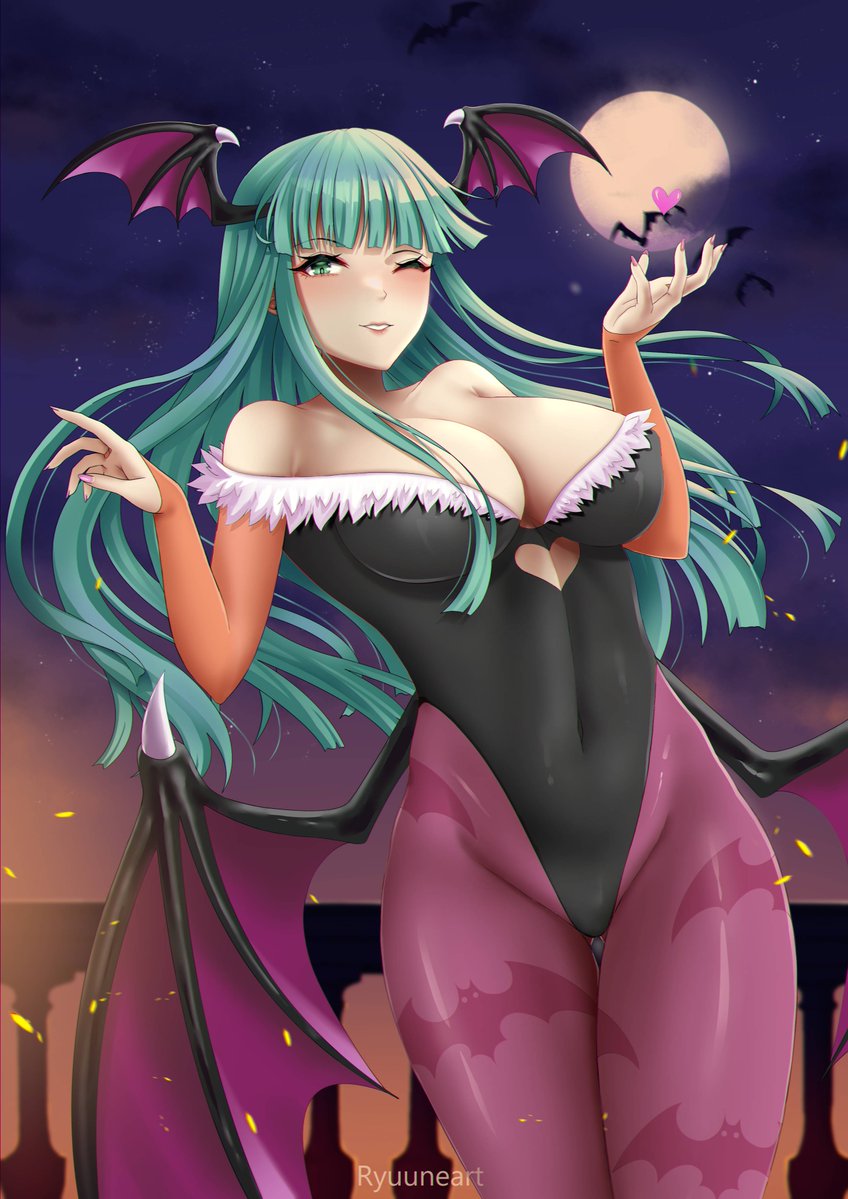 1girls alternate_version_available animal_print bat bat_print big_breasts black_leotard breasts clothing darkstalkers female female_only full_moon green_eyes green_hair head_wings large_breasts leotard long_hair looking_at_viewer moon morrigan_aensland one_eye_closed ryuuneart solo succubus succubus_costume succubus_wings wings wink