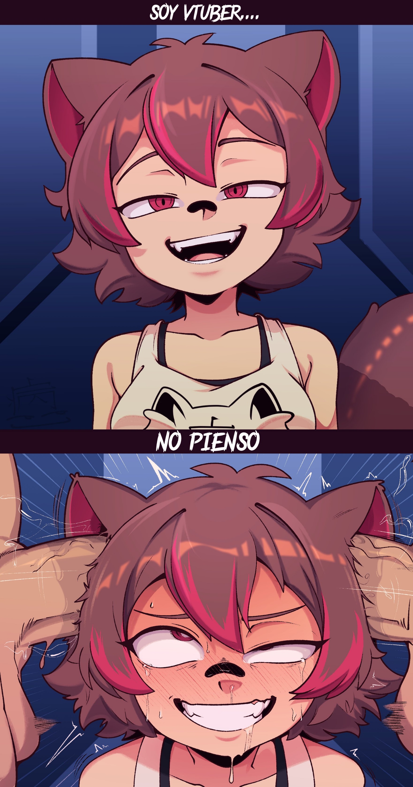 1girls, 2025, 2boys, 2d, 2d (artwork), brown hair, digital media (artwork), double penetration, ear penetration, enjoying, enjoying sex, female, kemonomimi, latam virtual youtuber, male, multicolored hair, no puedes tener sexo en la oreja no seas pendejo, raccoon ears, raccoon girl, raccoon tail, rakkun, red hair, red strand of hair, sdamhp artist, short hair, smile, spanish text, virtual youtuber, youtube, youtube hispanic
