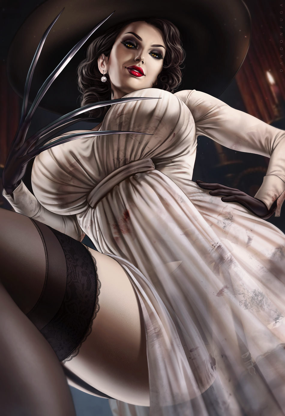 1girls, alcina dimitrescu, breasts, capcom, cleavage, dandon fuga, female, female only, huge breasts, red lipstick, resident evil, resident evil 8: village, solo, thighhighs