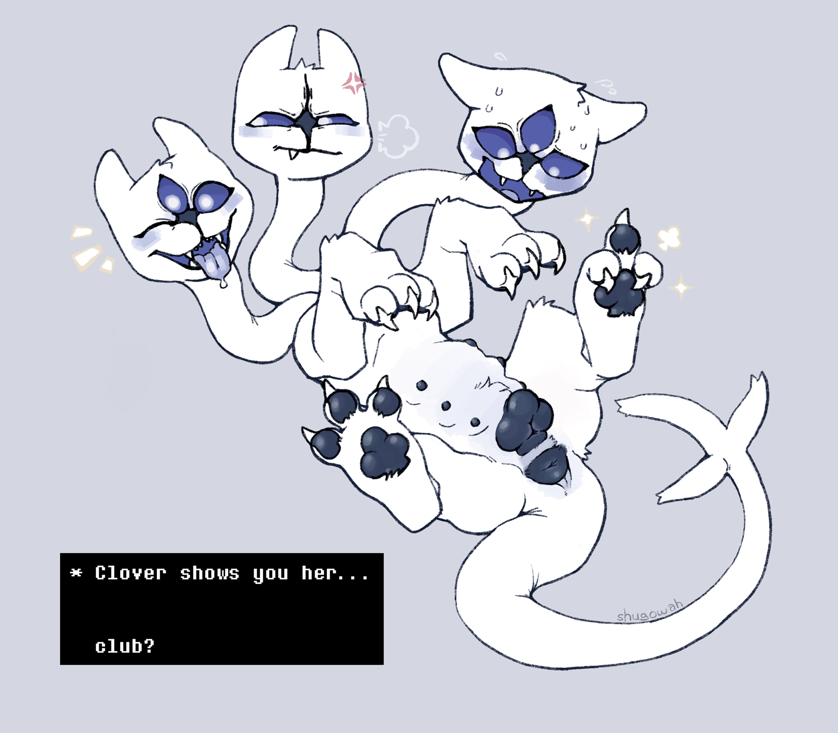 2025, 3 heads, angry, animal genitalia, animal pussy, animal vulva, anus, ass, belly nipples, black anus, black nipples, black pawpads, black vulva, bodily fluids, canine genitalia, canine pussy, canine vulva, claws, clover (deltarune), cross-popping vein, darkner, deltarune, digital media (artwork), english text, fangs, felid, feline, female, female feral, feral, fur, genitals, happy, hi res, long neck, looking at viewer, lying, mammal, multi head, nervous, nipples, on back, one eye closed, open mouth, pawpads, plump labia, presenting, presenting hindquarters, puffy anus, pussy, quadruped, seductive, shugowah, solo, sweat, teeth, text, toe claws, tongue, tongue out, undertale (series), vulva, white body, white fur, wink, winking at viewer