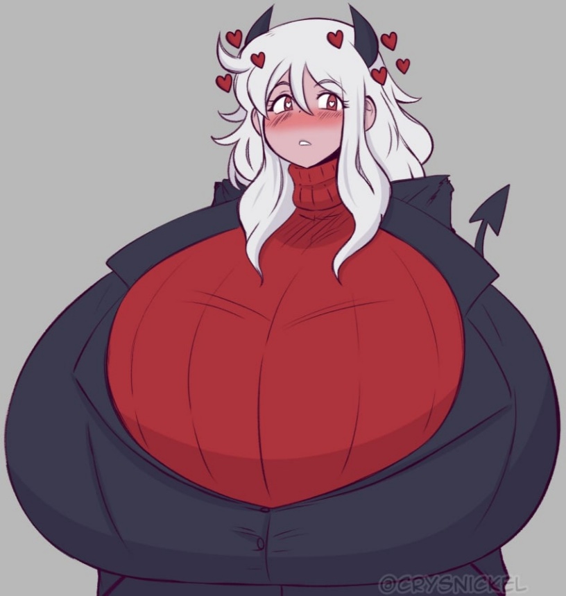 black tail, blush, breasts, crysnickel, demon, demon girl, demon horns, demon tail, female, grey background, heart, heart-shaped pupils, helltaker, horns, huge breasts, long hair, looking at viewer, modeus (helltaker), red eyes, red sweater, ribbed sweater, simple background, solo, sweater, symbol-shaped pupils, tail, turtleneck, white hair
