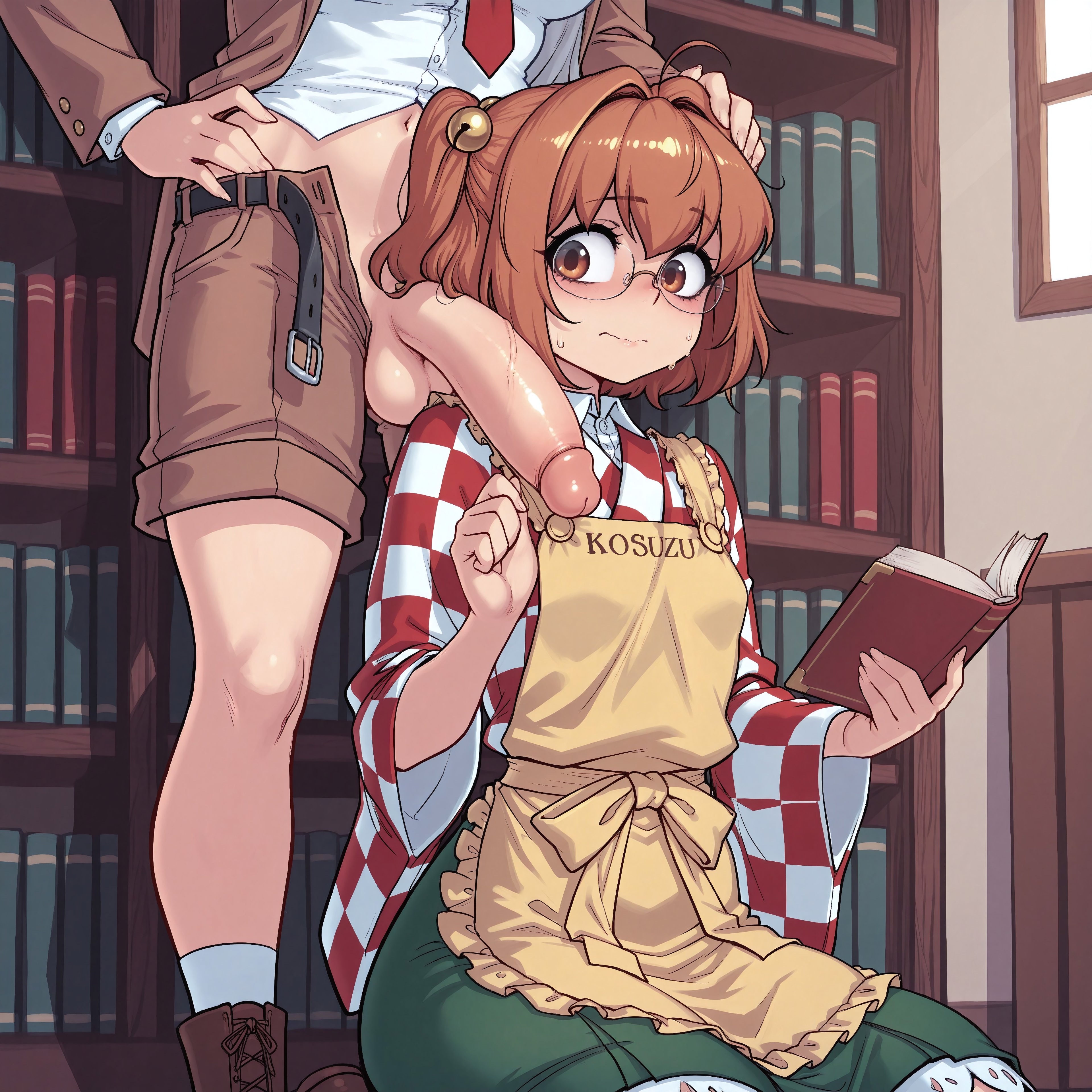 1futa, 1girls, ahoge, ai generated, balls, behind another, bell, book, bookshelf, breasts, brown boots, brown eyes, brown hair, brown jacket, brown shorts, checkered kimono, civitai, female, futa on female, futanari, glasses, green skirt, hand on another's head, holding book, indoors, intersex, kosuzu motoori, large penis, looking at penis, navel, nervous, ohhai223, open fly, penis, penis awe, penis on shoulder, penis over shoulder, red tie, self upload, shameimaru aya, shameimaru aya (newsboy), short hair, sitting, standing, sweat, sweatdrop, testicles, touhou, twintails, white shirt, wide sleeves, yellow apron
