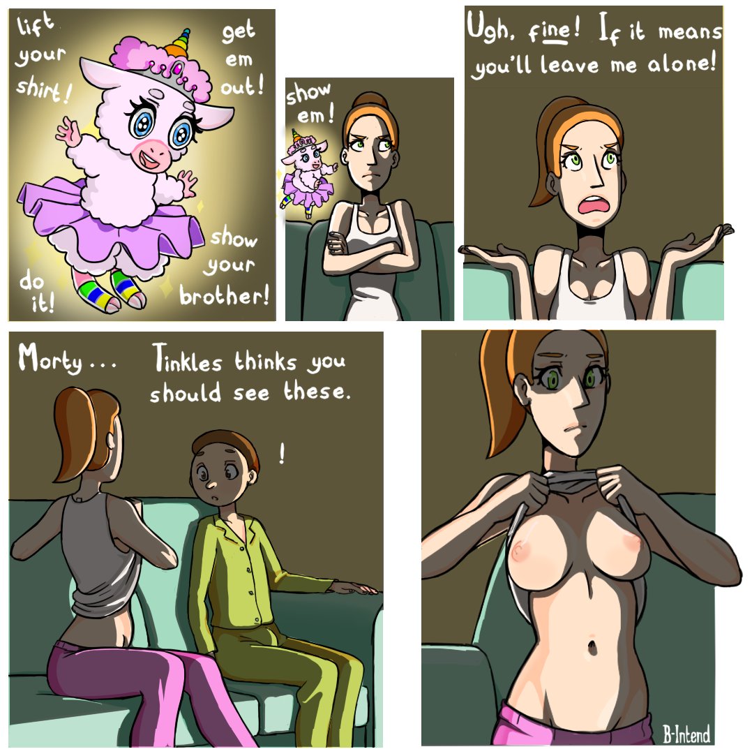 1boy 1girls adult_swim b-intend big_sister bovid breasts brother brother_and_sister caprine clothing comic english_text exposed_breasts female human implied_incest incest little_brother male male/female mammal morty_smith older_sister rick_and_morty sheep sibling sister summer_smith text tinkles younger_brother