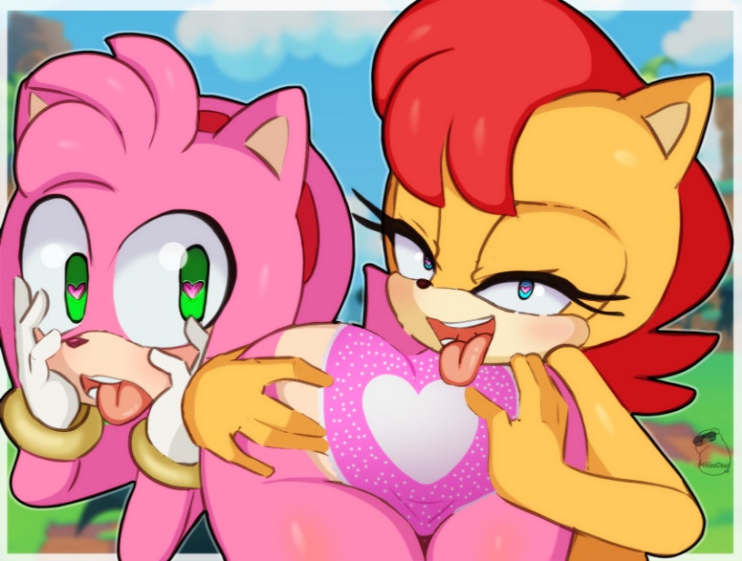1boy, 2girls, akanbe, amy rose, animal ears, blush, day, eyebrows visible through hair, eyeshadow, fangs, female, furry, gloves, green eyes, heart, licking, looking at viewer, male, multiple females, multiple girls, open mouth, pink hair, roundpeach, sally acorn, sega, short hair, sky, sonic (series), sonic the hedgehog (series), tenshigarden, tongue, tongue out, yuri