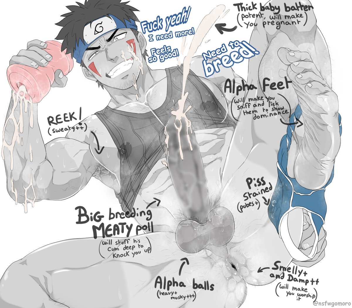 1boy, abs, anal juice, anus, armpit, armpit fetish, armpit hair, armpits, ass, asshole, balls, bara, barefoot, big penis, black hair, blue panties, blue underwear, blur censor, boner, bottomless, brown nipples, censored, clenched teeth, climax, cum, cum on face, cum on self, cumming, cumshot, ejaculation, english text, erect nipples, erect nipples under clothes, erection, exposed ass, facepaint, facial hair, feet, feet up, fleshlight, foot fetish, foot focus, forehead protector, gaping, gaping anus, gay, genital fluids, gomoro, hairy, hairy armpits, hairy balls, hairy male, headband, hi res, high resolution, highres, inuzuka kiba, kiba inuzuka, konohagakure symbol, large penis, leg up, male, male focus, male only, masturbation, messy hair, monochrome, muscles, muscular, muscular male, musk, naruto, naruto (series), naruto shippuden, naruto: the last, nipple bulge, nipples, panties, panties around one leg, pecs, penis, pubic hair, see-through clothing, sex toy, shonen jump, shounen jump, shueisha, sleeveless, sleeveless shirt, smegma, smiling, solo, solo focus, solo male, stubble, sweat, sweating, sweaty feet, tank top, tank top lift, teeth, teeth clenched, teeth showing, testicles, text, thick penis, thighs, toenails, toes, transparent clothing, underwear, verbal, very high resolution, weekly shonen jump, weekly shounen jump, white background, wrinkled feet, wrinkled soles, wrinkly feet, yaoi