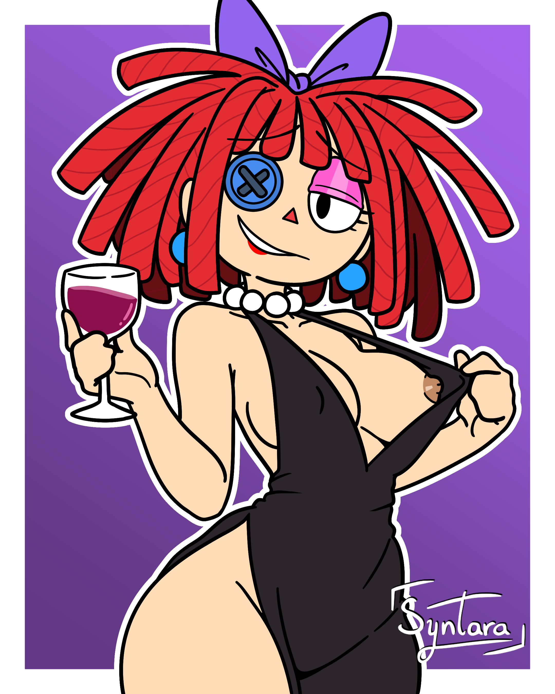 bowtie, breasts, earrings, exposed nipples, female, flashing breasts, glitch productions, iamsyntara, lipstick, night dress, ragatha (pub outfit), ragatha (the amazing digital circus), red hair, simple background, simple coloring, the amazing digital circus, untitled (tadc), wine glass