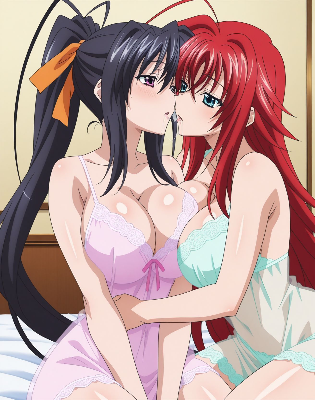 2girls after_kiss ai_generated akeno_himejima bedroom big_breasts breast_on_breasts curvy_females females_only girlfriends high_school_dxd indoors kissing lesbian_couple lesbian_kiss rias_gremory rias_x_akeno saliva saliva_string voluptuous_female wife_and_wife yuri