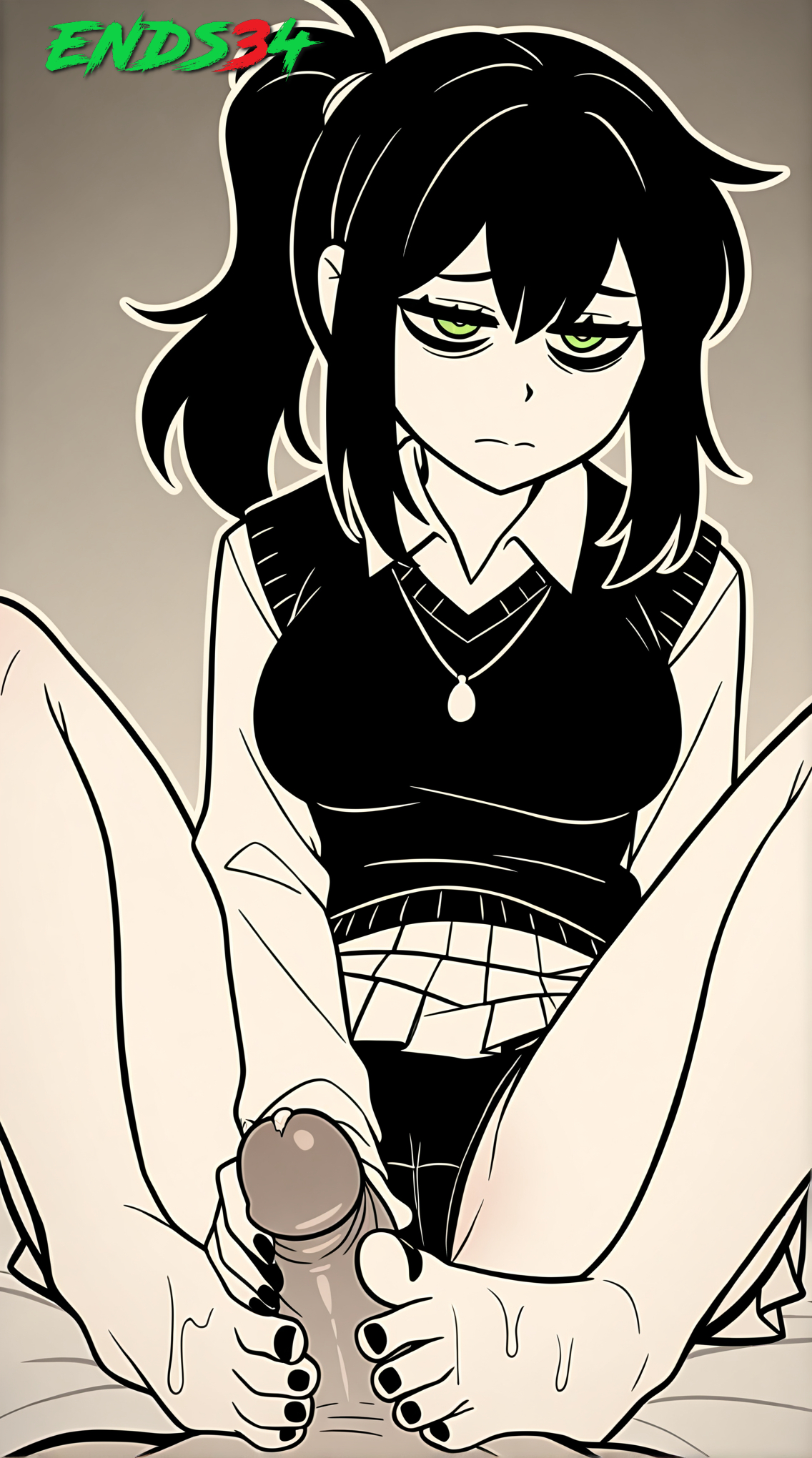 2025, ai generated, black hair, black panties, ends34, female, female focus, green eyes, light-skinned female, male, mature female, miniskirt, penis, prostitution, renee graves, short hair, skirt, the coffin of andy and leyley, tired, tired eyes, white body