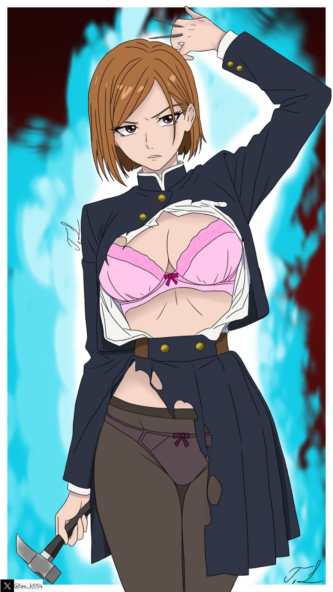 1girls background bra fire hammer jujutsu_kaisen jujutsu_tech_uniform kugisaki_nobara nails nobara_kugisaki orange_hair panties pink_underwear signature tagme tim_heyderich torn_clothes twitter twitter_username underwear