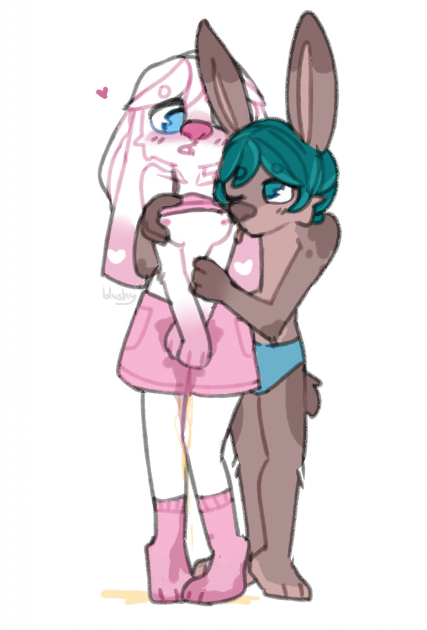 anthro big_nose blue_eyes blushy blushy_(artist) bodily_fluids bottomwear clothing duo embarrassed female footwear genital_fluids heart_symbol hi_res hug karamel_rabbit licking love male male/female messy nipples omorashi peeing pink_outfit shorts socks tongue touching_breast touching_chest touching_nipples urine watersports wet wet_clothing wet_footwear wet_socks yoshiko_bunny