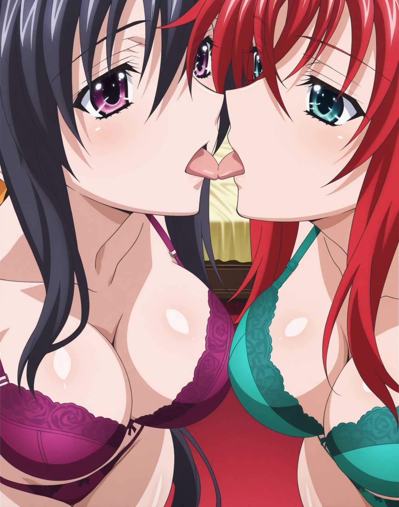 2girls ai_generated akeno_himejima big_breasts bikini females_only girlfriends high_school_dxd indoors kissing lesbian_couple lesbian_kiss looking_at_each_other rias_gremory rias_x_akeno tongues_touching wife_and_wife yuri yuri yuri