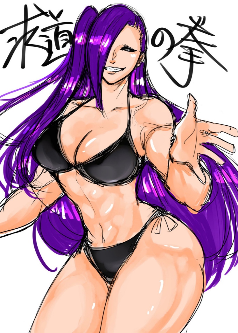 bikini black_bikini breasts cleavage cowboy_shot female grin hair_over_one_eye jewelry large_breasts lipstick long_hair navel purple_hair side-tie_bikini sketch smile solo swimsuit toned very_long_hair white_background wide_hips
