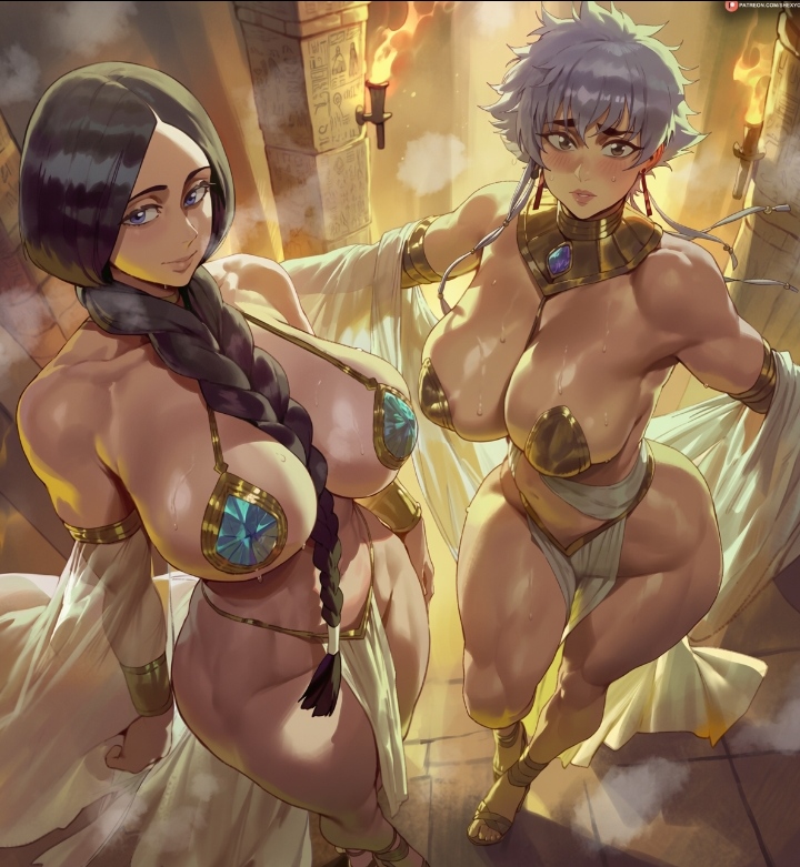 2025, 2girls, ai assisted, ai generated, anklets, armlet, armlets, bare legs, bare shoulders, bare thighs, big breasts, big thighs, black hair, bleach, bracelet, bracelets, braid, braid between breasts, braided hair, breasts, brown eyes, collarbone, covered nipples, curvaceous, curvy, dark hair, detached sleeves, drapes, egyptian mythology, fanart from twitter, female, female only, fire, from above, from above view, gold (metal), gold jewelry, hair between breasts, harem outfit, heels, high heels, highleg, highleg panties, hourglass figure, hourglass figured female, huge breasts, jewelry, kotetsu isane, large breasts, light skin, light-skinned female, loincloth, long hair, looking at viewer, mature, mature female, pelvic curtain, purple eyes, revealing clothes, sandals, seductive, seductive female, seductive look, shexyo, short hair, skindentation, thick, thick legs, thick thighs, tomboy, twitter link, unohana retsu, voluptuous, voluptuous female, white hair, wide hips