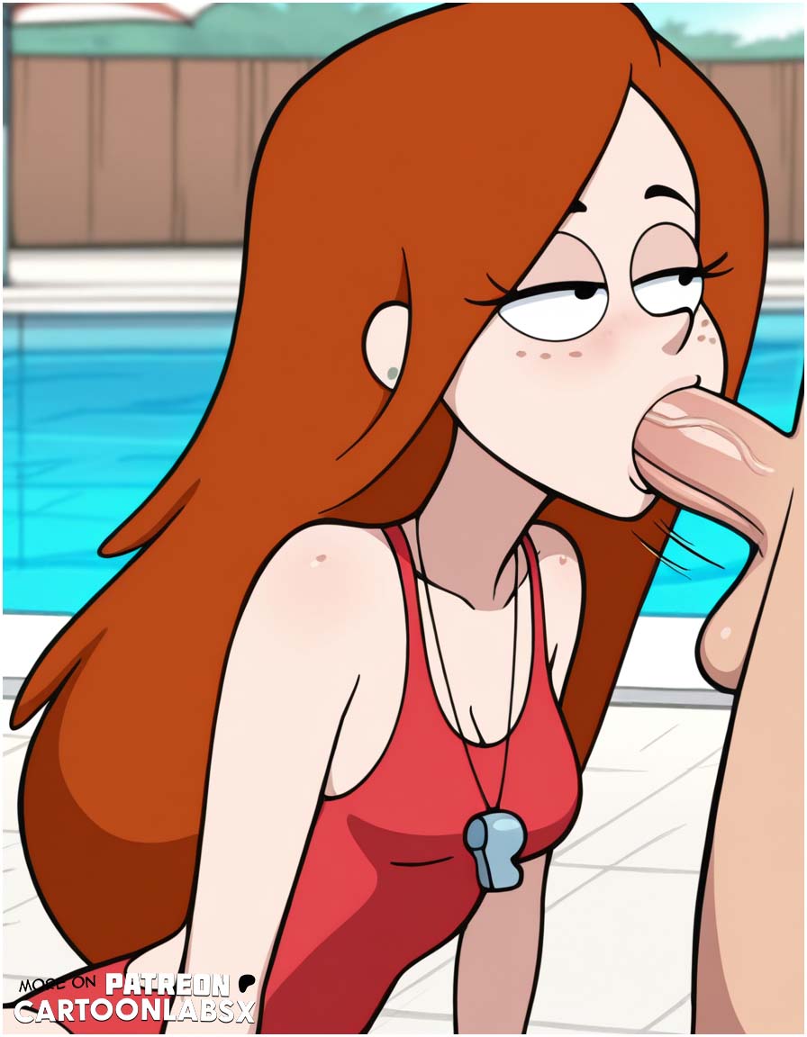 ai generated, attractive, blowjob, blowjob face, blowjob gesture, blowjob only, cartoony, fellatio, female, gravity falls, lifeguard, lifeguard swimsuit, male, orange hair, outside, penis, penis grab, public, public nudity, public sex, sucking, sucking off, sucking penis, sucking tip, wendy corduroy