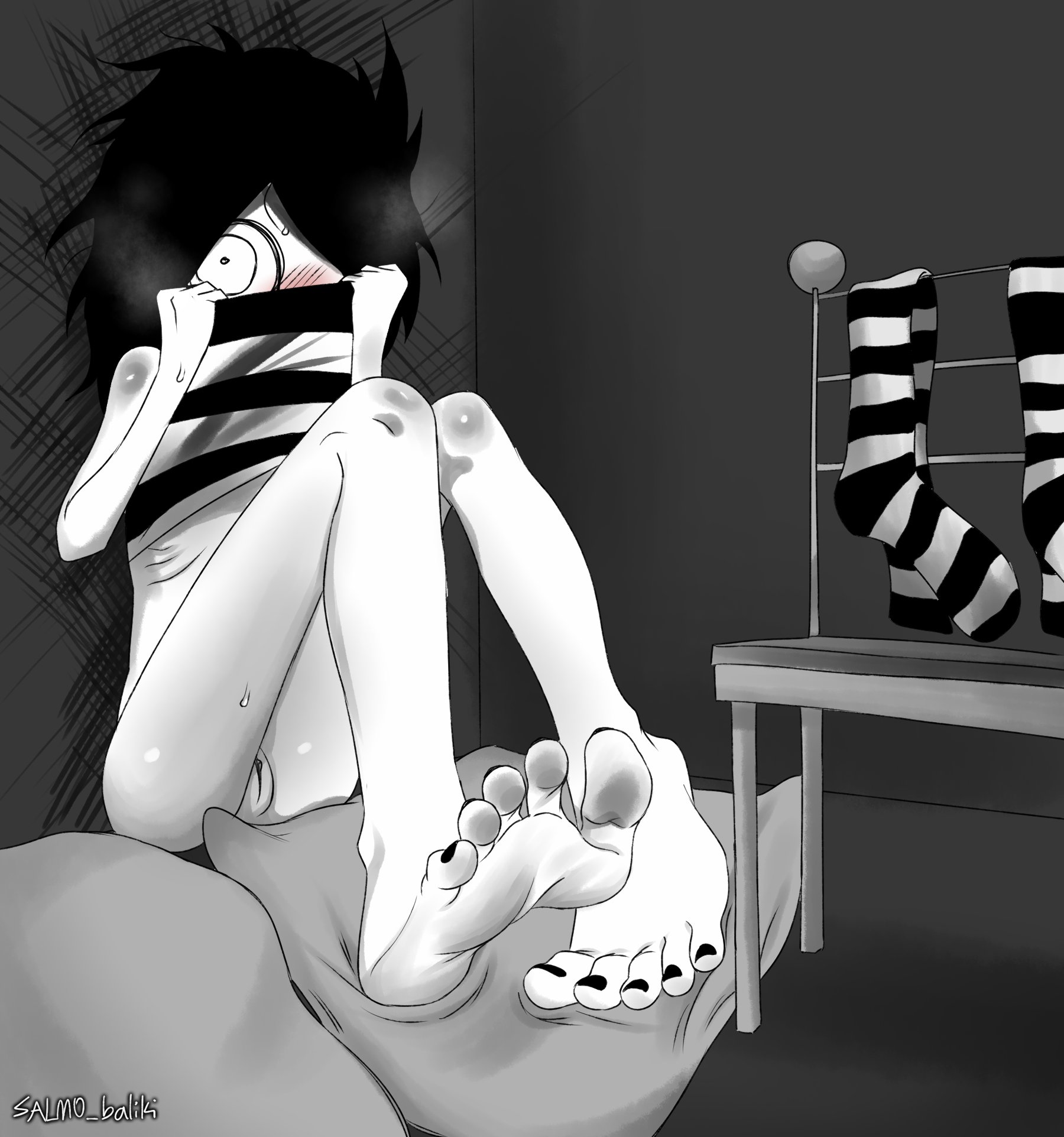 1girls, barefoot, bedroom, black hair, bottomless, chair, covering, curled, emo, feet, female, foot fetish, goth, goth girl, i can't sleep, nia (i can't sleep), pussy, salmobaliki, soles, solo, solo female, stocking, sweat, toenail polish, toes, vagina, white eyes, youtube, youtuber