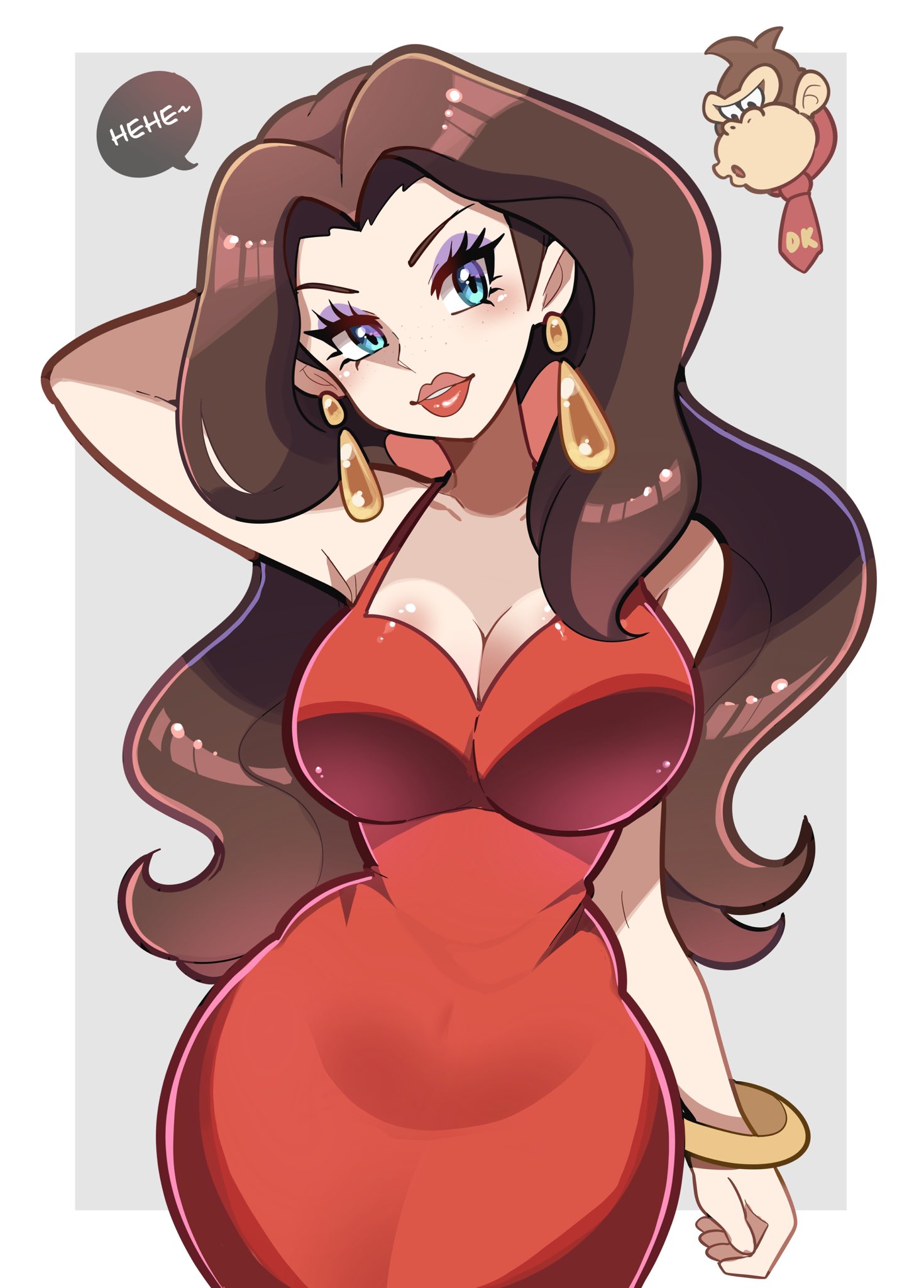 1girls, blue eyes, breasts, brown hair, busty, cleavage, curvy, donkey kong, donkey kong (series), earrings, english text, female, hips, large breasts, light skin, light-skinned female, long brown hair, mario (series), nintendo, pauline, pauline (mario), purple eyeshadow, red dress, small waist, speech bubble, thick, touyarokii