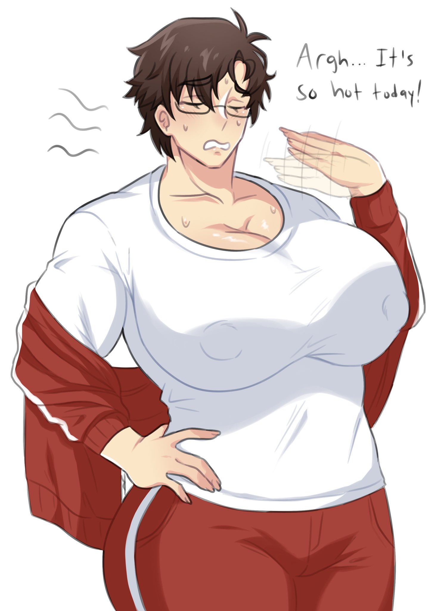 1boy, big breasts, breasts, busty, busty male, cleavage, fanning, fanning self, gatocafe12, glasses, male, male cleavage, male only, male with breasts, nipple bulge, nipples visible through clothing, solo, solo male, sweating, sweaty