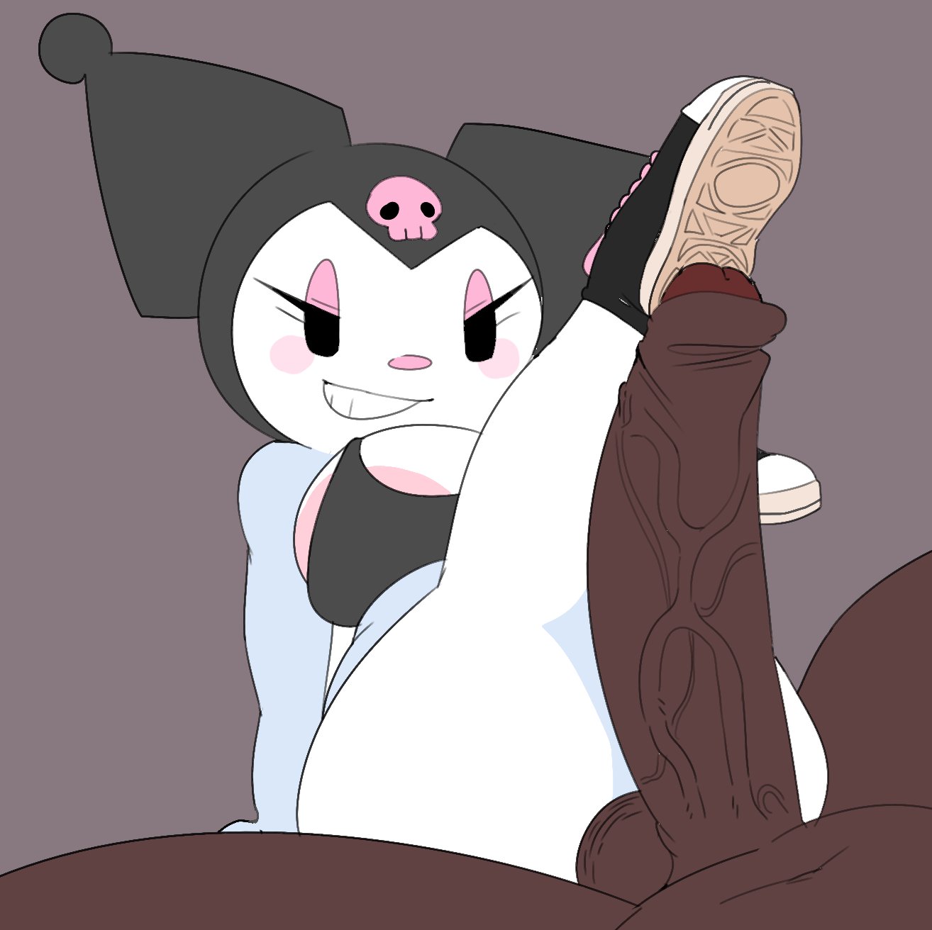 areolae, ass, belly, big areola, big ass, big breasts, big penis, breasts, cock bigger than feet, female, femdom, foot on penis, footwear, foreskin, kuromi, legs up, male, onegai my melody, penis, pink areola, sanrio, savagensfw, shoes, uncircumcised, veiny penis