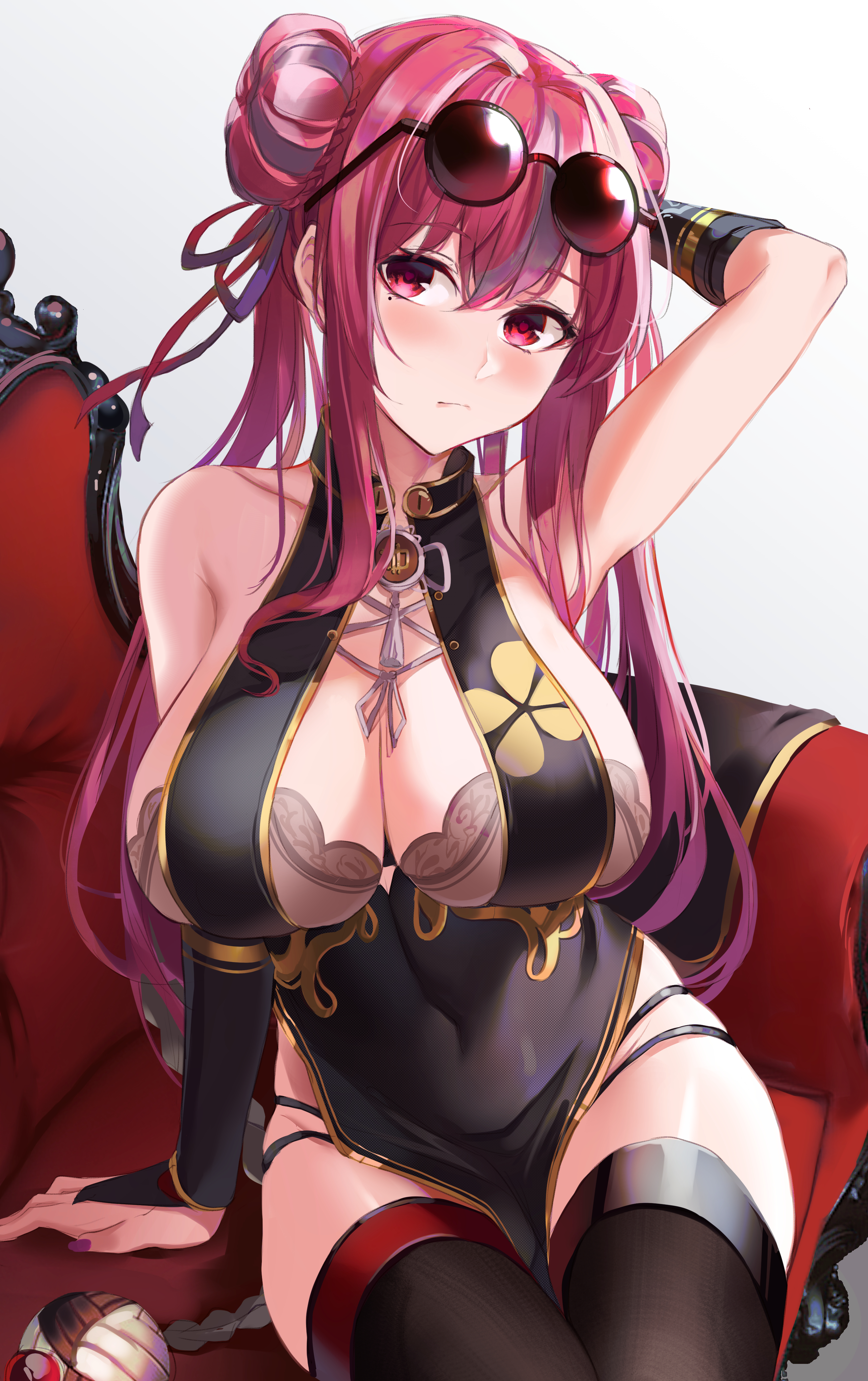 1girls, azur lane, breasts, bremerton (azur lane), bremerton (kung fu cruiser) (azur lane), chair, cheongsam, china dress, cleavage, dress, female, female only, hair bun, hi res, huge breasts, light skin, light-skinned female, long hair, mole, pink eyes, pink hair, qipao, re0n, sitting, solo, sunglasses, sunglasses on head, thighhighs, twintails, two-tone hair