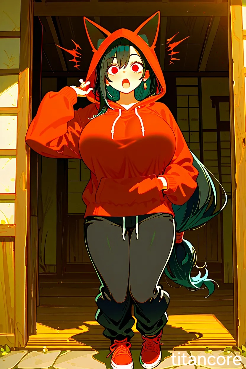 (titancore), 1girls, ai generated, black, black hair, female, final fantasy vii, fox, fox ears, fox hoodie, fully clothed, hair opening in back, hoodie, long hair, shocked expression, sweatpants, tifa lockhart, video game character