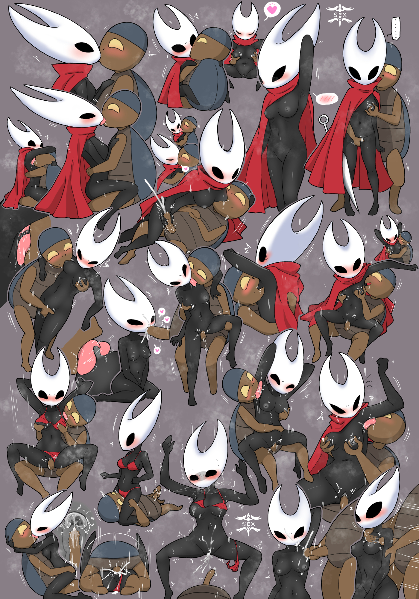 1boy, 1girls, anthro, armpit licking, armpits, arms up, bikini, black skin, blush, breast grab, breast sucking, breasts, cum, facesitting, fellatio, female, hollow knight, hollow knight: silksong, hornet (hollow knight), hugging, ivancyxic, kissing, licking, licking armpit, male, menderbug (hollow knight), nude, oral, pussy, sex, straight, sweat, sweaty, team cherry, vaginal penetration