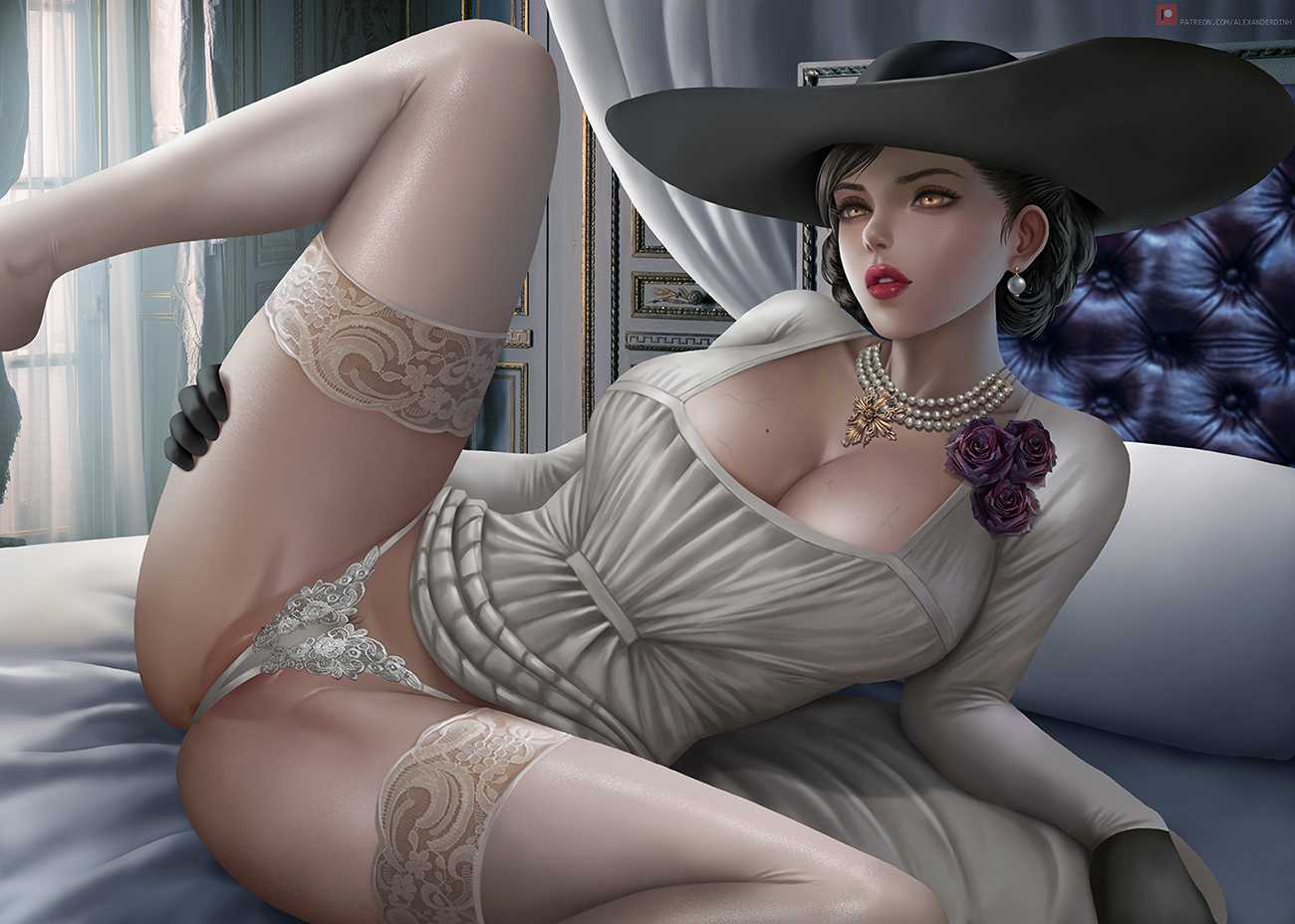 1girls, alcina dimitrescu, alexander dinh, anus, big breasts, breasts, female, female only, hairy pussy, lace-trimmed panties, large breasts, panties, pubes, pubic hair, pussy, pussy hair, resident evil, resident evil 8: village, solo, spread legs, thong, thong panties, thong underwear, white panties, white thong