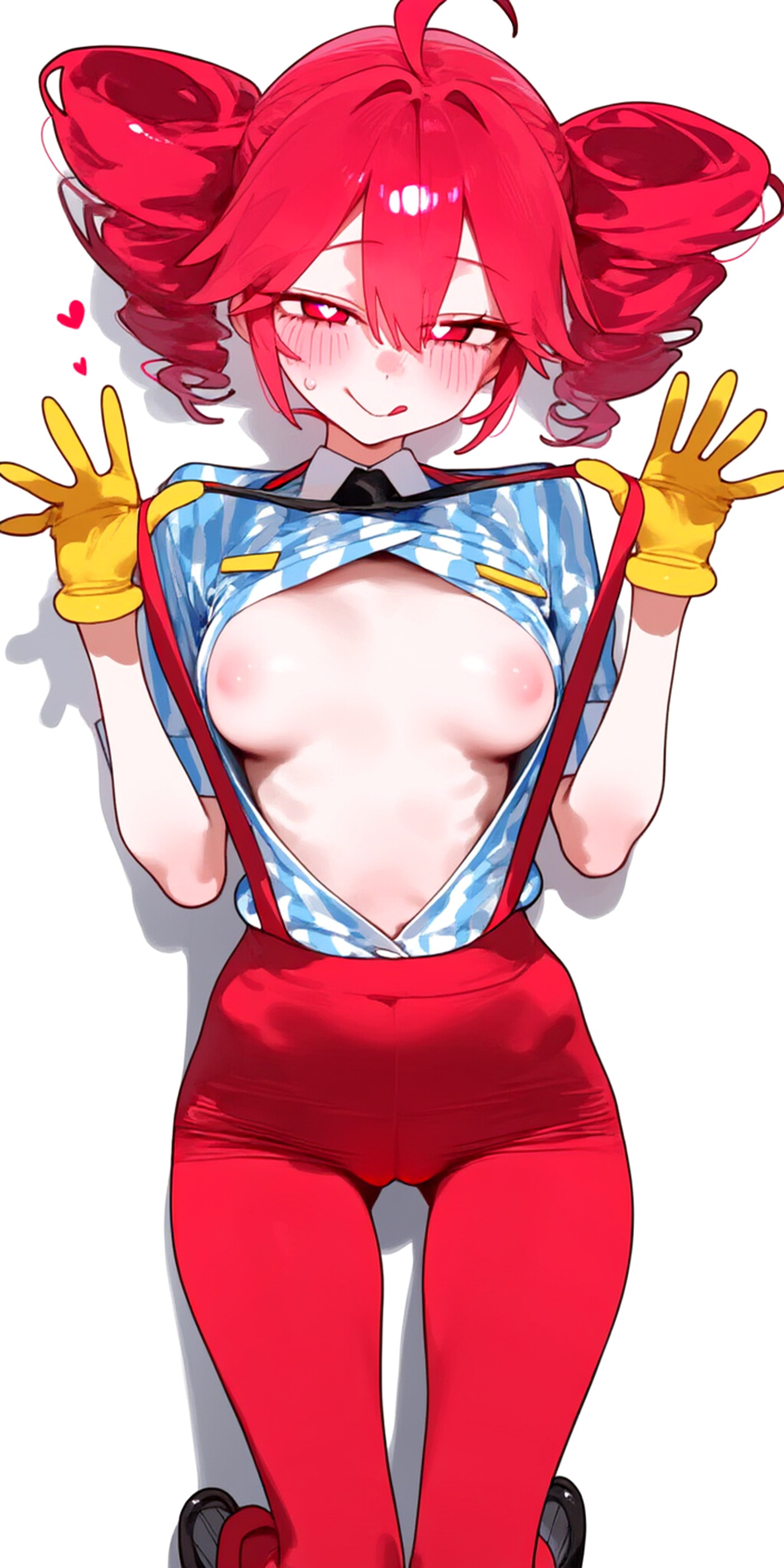 1girls, ai generated, areolae, arms behind back, ass, ass visible through thighs, belly, blouse, blush, blush lines, blushing profusely, breasts, cameltoe, curvy, curvy female, curvy figure, fat pussy, female, female only, flashing, flashing breasts, gloves, heart, heart-shaped pupils, hearts around head, high waisted pants, high-waist pants, horny, horny female, kasane teto, kasane teto (sv), medium breasts, mesmerizer (vocaloid), mesmerizer teto, midriff, mv character, navel, navel visible through clothes, necktie, necktie between breasts, nipples, no bra, one eye closed, pants, peace sign, petite, petite body, petite female, plump, plump camel toe, plump labia, plump pussy, pussy, pussy lips, red eyes, red hair, shirt, simple background, skin tight, skinny, skinny female, slim, slim female, slim waist, small breasts, solo, solo female, striped shirt, suspenders, sweat, sweating, synthesizer v, thigh gap, thighs, tight clothing, tight pants, tight shirt, tongue, tongue out, twin drills, utau, white background, wink, winking